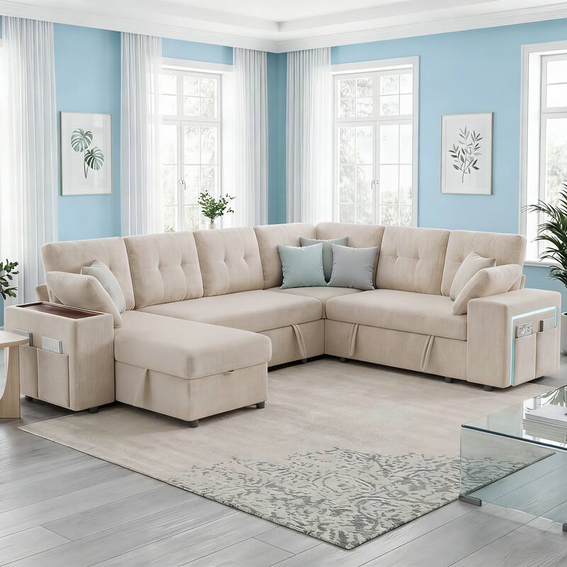 Front. Dyonery - Dyonery 112" Modular Convertible Sectional Sleeper Sofa with Pull Out Bed,Linen Convertible Couch with Storage Seat - Beige.