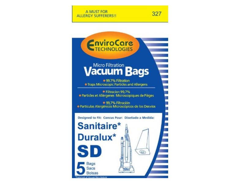 A MUST FOR ALLERGY SUFFERERS!!  
327 EnviroCare TECHNOLOGIES Micro Filtration Vacuum Bags  
99.7% Filtration Traps Microscopic Particles and Allergens  
Filtración 99.7% Particulas et Allergenes Microscopiques de Piges  
99,7% Filtración Particulas Alergénicos Microscópicos de los Desvios  
Designed to Fit: Conçu Pour: Diseñado a Medida:  
Sanitaire* Duralux* SD Bags 5 Sacs Bolsas