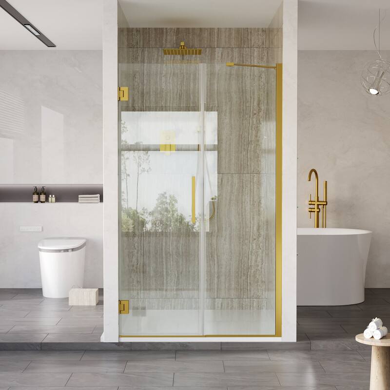 Front. WELLFOR - 43–44 in. W x 72 in. H Frameless Hinged Shower Door with 3/8" Clear Tempered Glass, Reversible Opening - Brushed Gold.