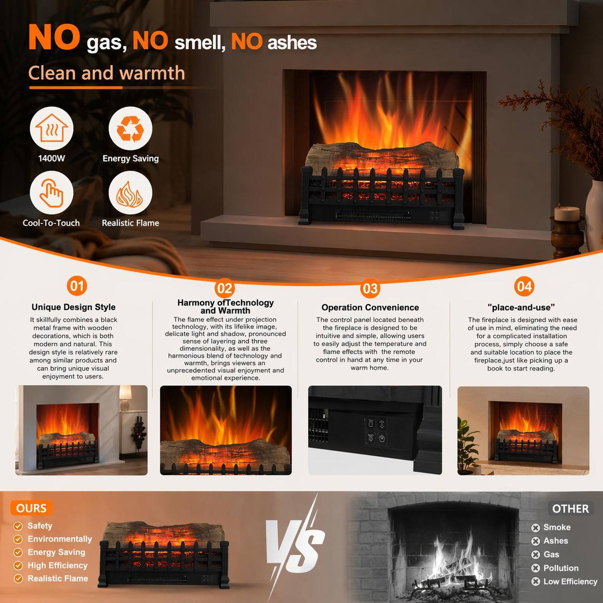 NO gas, NO smell, NO ashes  
Clean and warmth  
1400W  
Energy Saving  
Cool-To-Touch  
Realistic Flame  

01 Unique Design Style  
i skillfully combines a black metal frame with wooden decorations, which is both modern and natural. This design style is relatively rare among similar products and can bring unique visual enjoyment to users.  

02 Harmony of Technology and Warmth  
The flame effect under projection technology with its lifelike image, delicate light and shadow, pronounced sense of layering and three dimensionality, as well as the harmonious blend of technology and warmth, brings viewers an unprecedented visual enjoyment and emotional experience.  

03 Operation Convenience  
The control panel located beneath the fireplace is designed to be intuitive and simple, allowing users to easily adjust the temperature and flame effects with the remote control in hand at any time in your warm home.  

04 "place-and-use"  
The fireplace is designed with ease of use in mind, for a complicated installation process, simply choose a suitable location to place the fireplace just like picking up a book to start reading.  

OURS  
- Safety  
- Environmentally  
- Energy Saving  
- High Efficiency  
- Realistic Flame  

OTHER  
- Smoke  
- Ashes  
