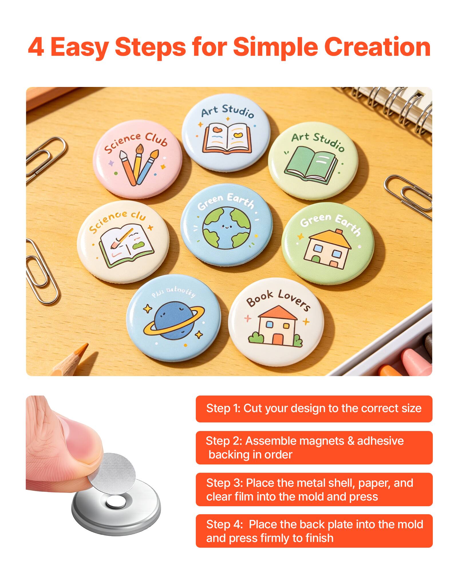 4 Easy Steps for Simple Creation

Science Club Art Studio Science Club Green Earth Green Earth PIJI Betovity Book Lovers

Step 1: Cut your design to the correct size
Step 2: Assemble magnets & adhesive backing in order
Step 3: Place the metal shell, paper, and clear film into the mold and press
Step 4: Place the back plate into the mold and press firmly to finish