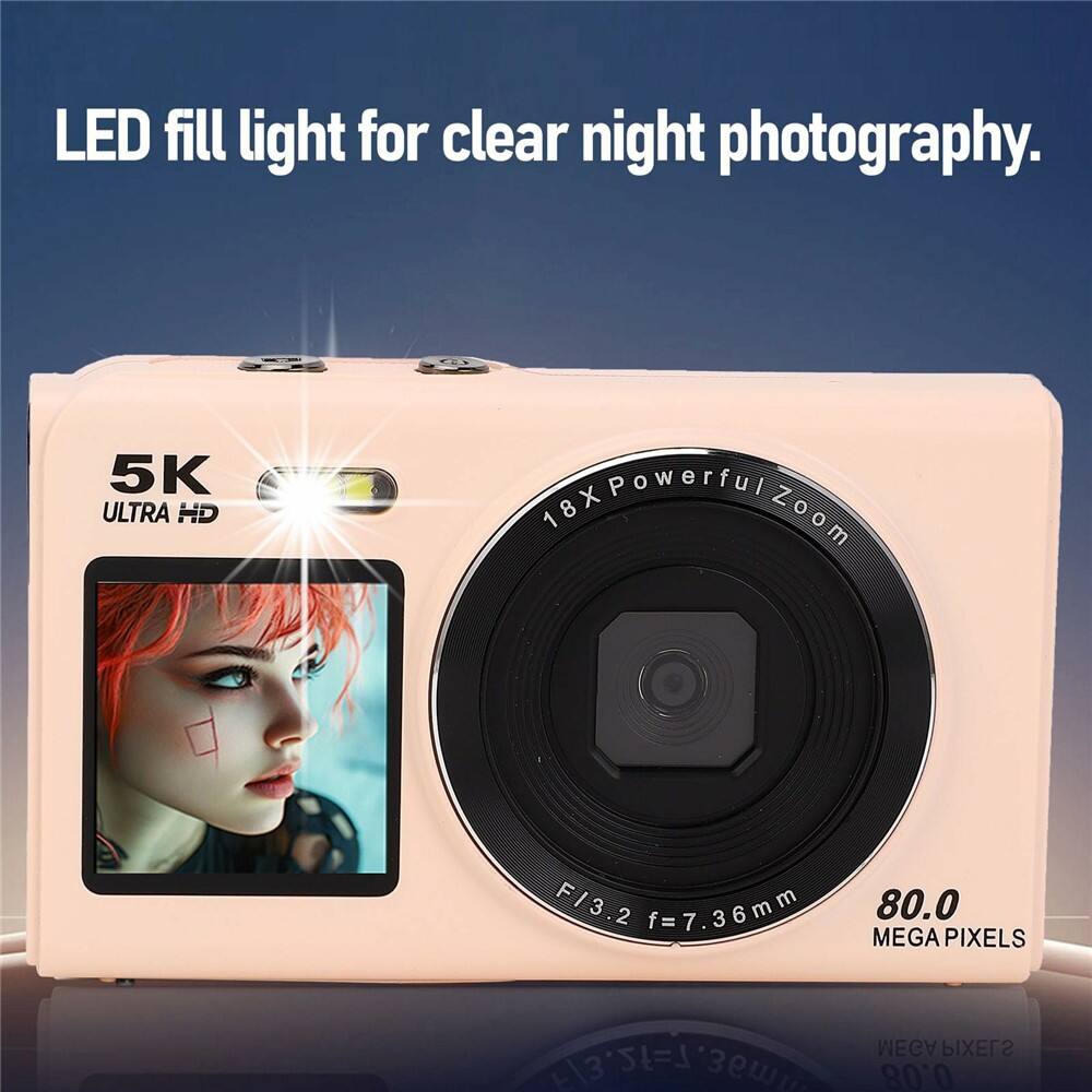 LED fill light for clear night photography.  
5K ULTRA HD  
18X Powerful Zoom  
F/3.2 f=7.36mm  
80.0 MEGA PIXELS