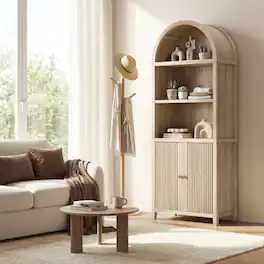 ModernMate - 76" Tall Arched Bookcase Modern Wood Fluted Storage Bookshelf with Adjustable Shelves and 2 Doors - Natural Oak