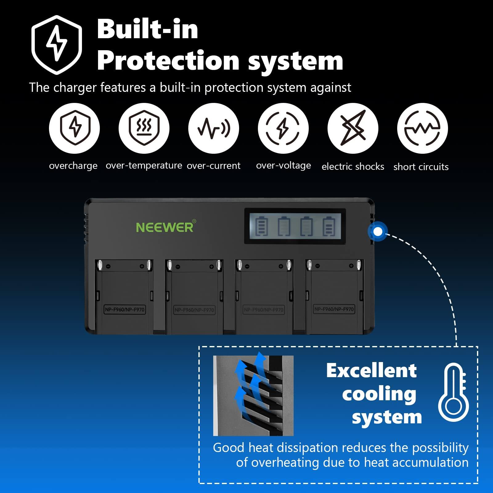 Built-in Protection system  
The charger features a built-in protection system against:  
- Overcharge  
- Over-temperature  
- Over-current  
- Over-voltage  
- Electric shocks  
- Short circuits  

NEEWER NP-1960/NP-F970  
NP-P960/NP-9970  
NP-7960/NP-P970  
NP-F960/NP-F970  

Excellent cooling system  
Good heat dissipation reduces the possibility of overheating due to heat accumulation