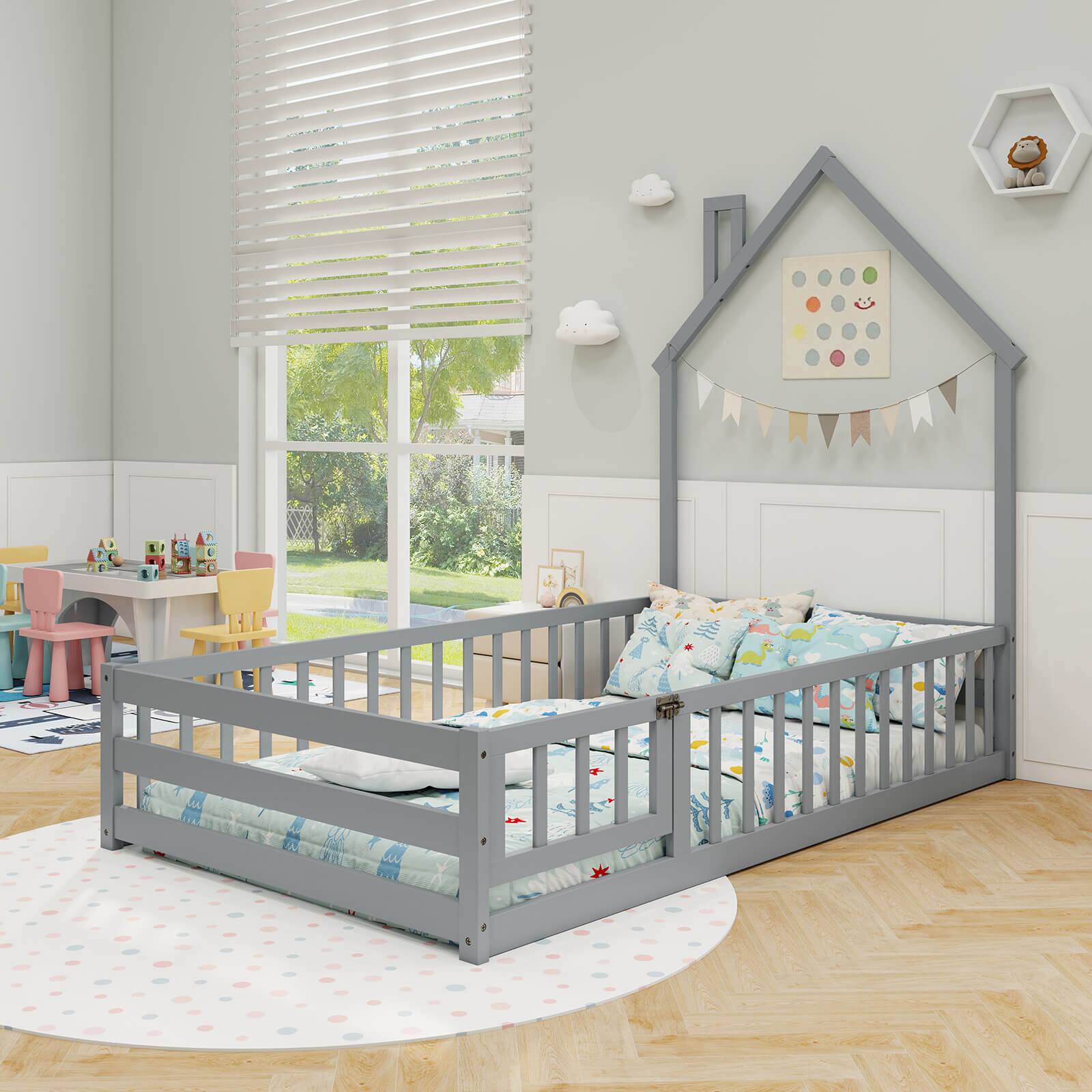 Alt View 2. Costway - Twin Size Montessori Floor Bed for Toddler with Lockable Door Full-Length Guardrail - Gray.