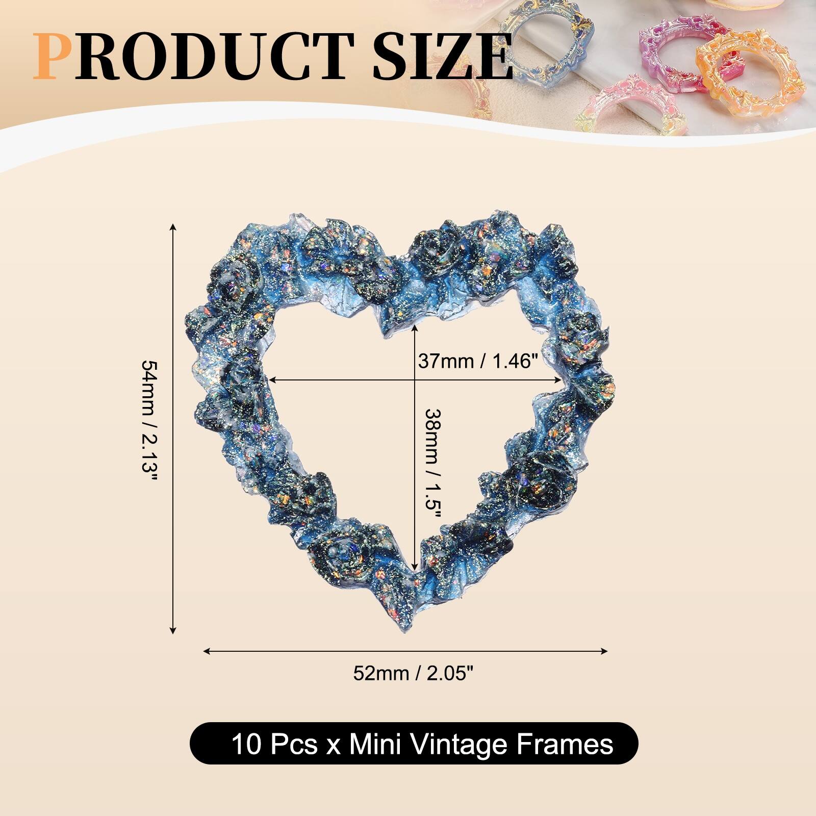 PRODUCT SIZE

54mm / 2.13"  
37mm / 1.46"  
38mm / 1.5"  
52mm / 2.05"  

10 Pcs x Mini Vintage Frames