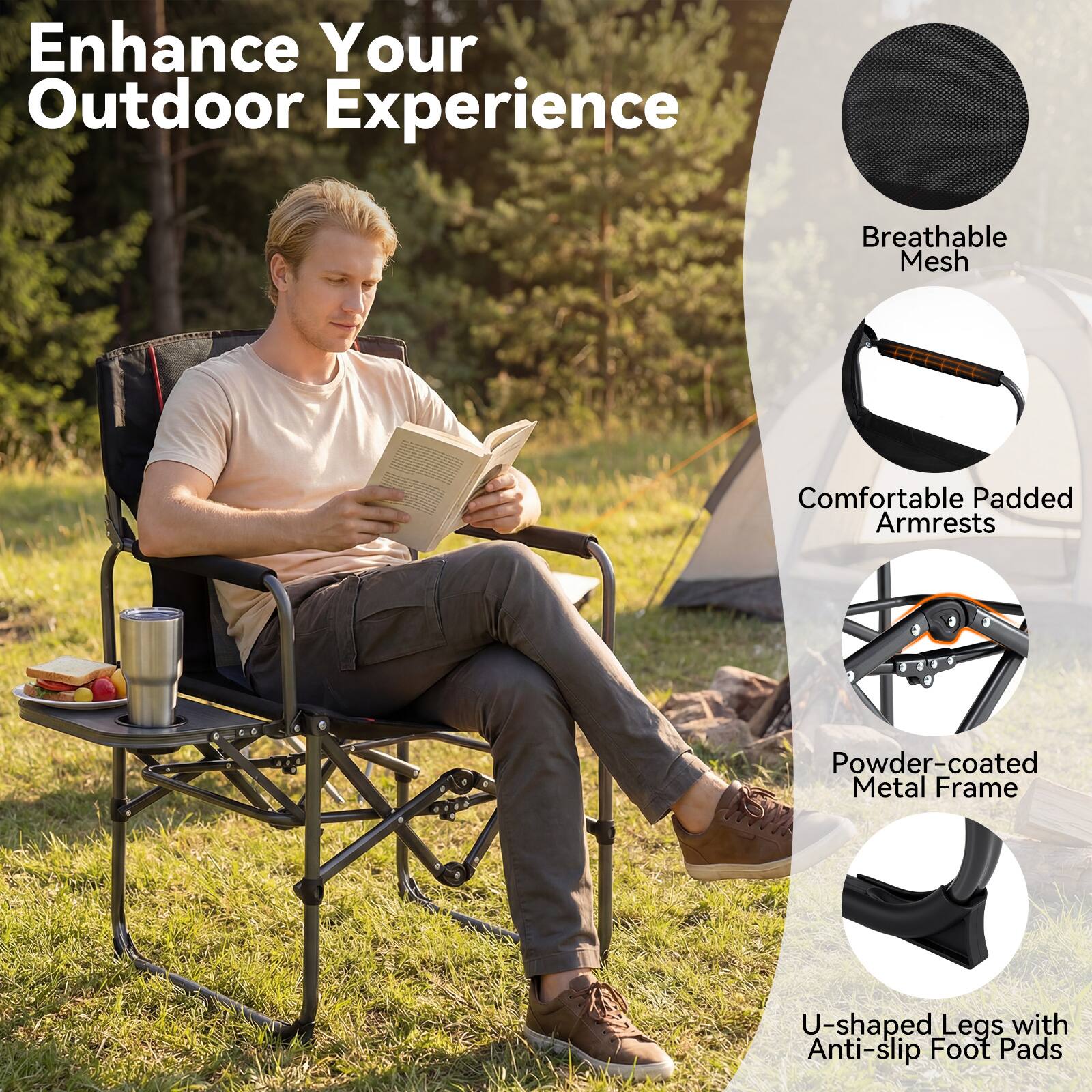 Enhance Your Outdoor Experience

- Breathable Mesh
- Comfortable Padded Armrests
- Powder-coated Metal Frame
- U-shaped Legs with Anti-slip Foot Pads