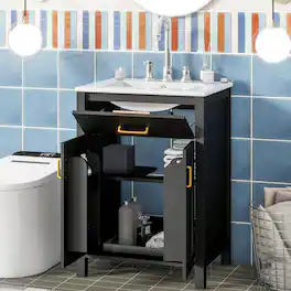 Loheer - 24 inch bathroom vanity combo Solid Wood Freestanding Cabinet with Ceramic Sink - Black