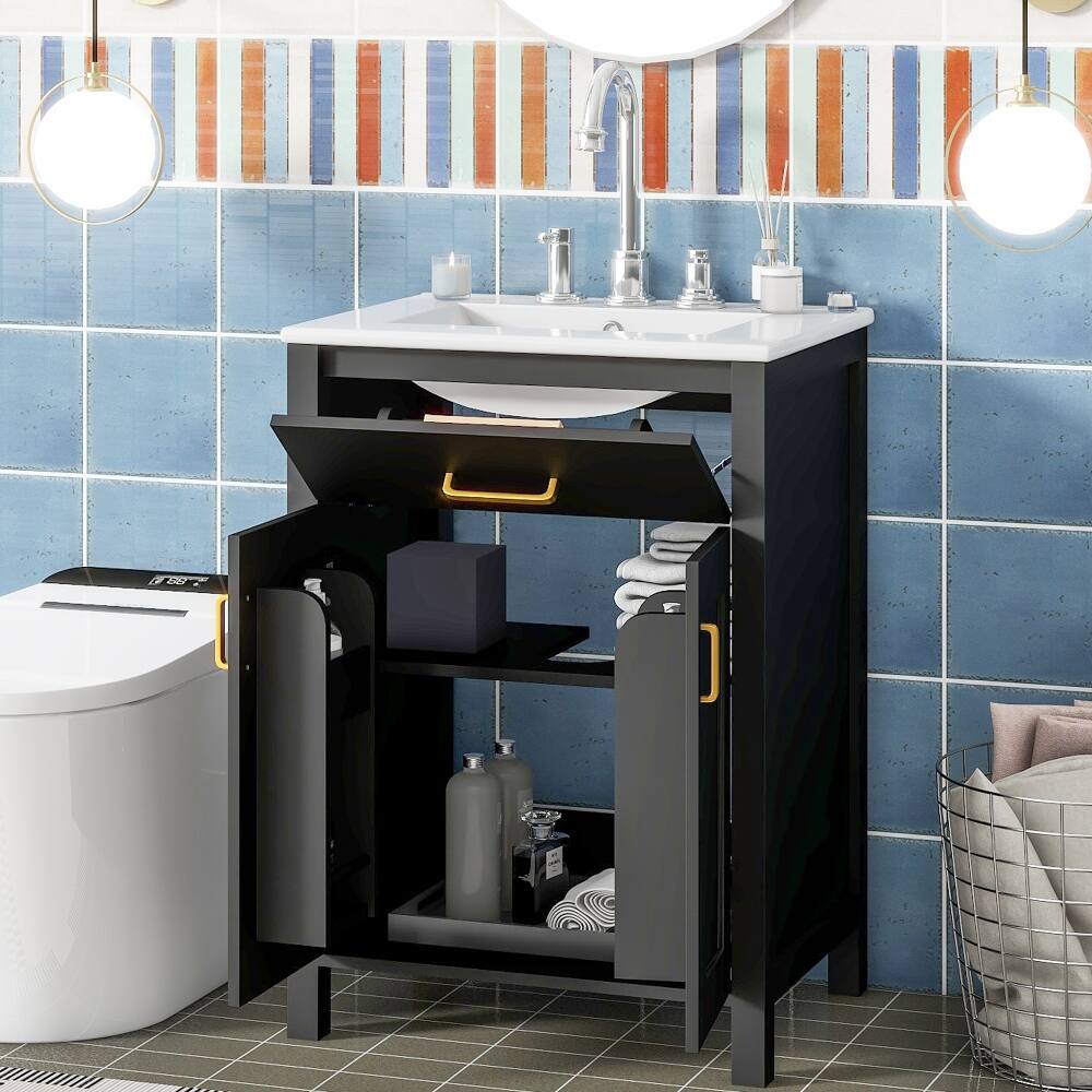 Front. Loheer - Loheer 24 inch bathroom vanity combo Black Solid Wood Freestanding Cabinet with Ceramic Sink - Black.