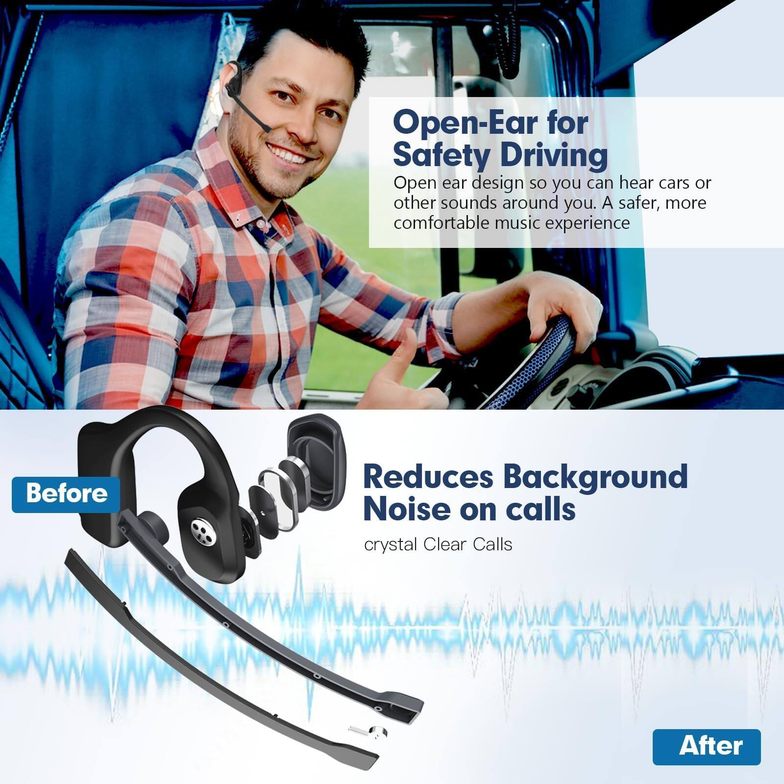 **Open-Ear for Safety Driving**

Open ear design so you can hear cars or other sounds around you. A safer, more comfortable music experience.

**Reduces Background Noise on calls**

crystal Clear Calls

**Before**  
**After**