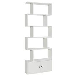 Ecooso - 6-Tier S-Shaped Freestanding Bookshelf with Cabinet and Storage Doors - White