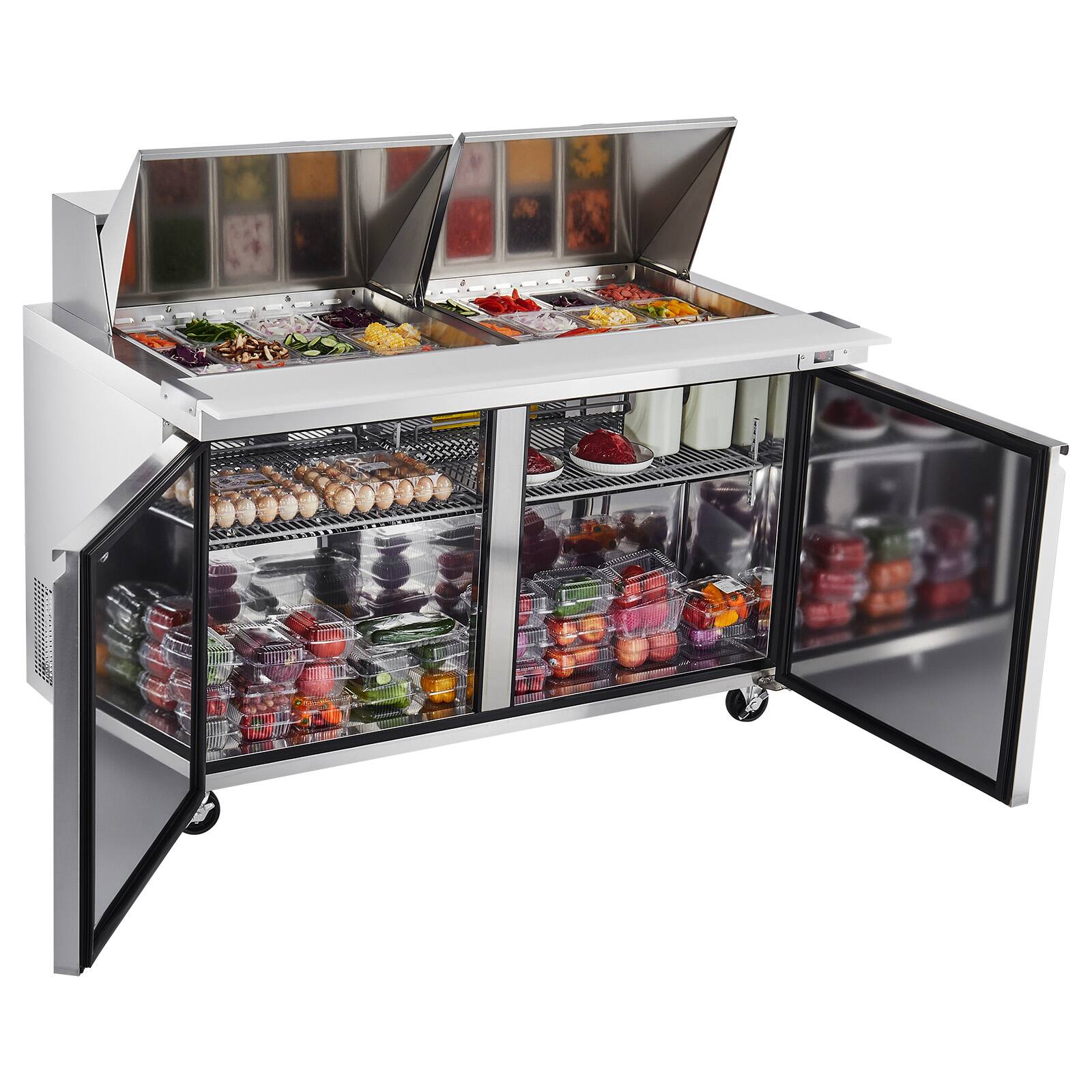 Alt View 5. VEVOR - 60"W Commercial Refrigerator, 15.4 Cu. Ft Sandwich Prep Table, Mega Top Food Prep Fridge with 24 Pans and Cutting Board - Stainless steel.