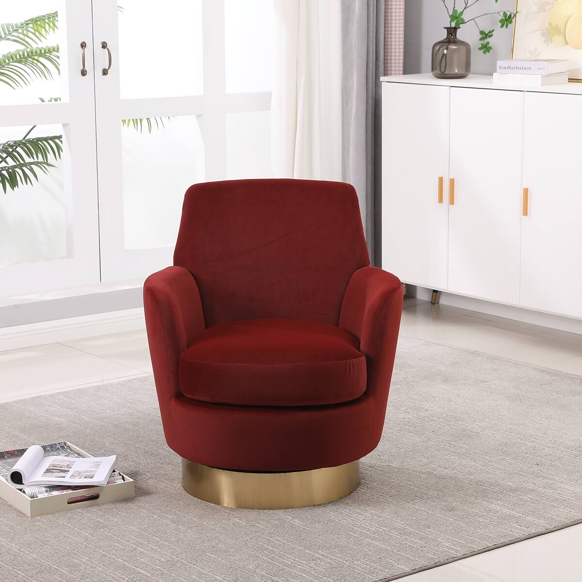 Alt View 1. Trinkets Crazed - Swivel Barrel Chair,Modern Comfy Velvet Upholstered Round Swivel Accent Chairst,360 Degree Single Sofa Chair Armchair - Red.