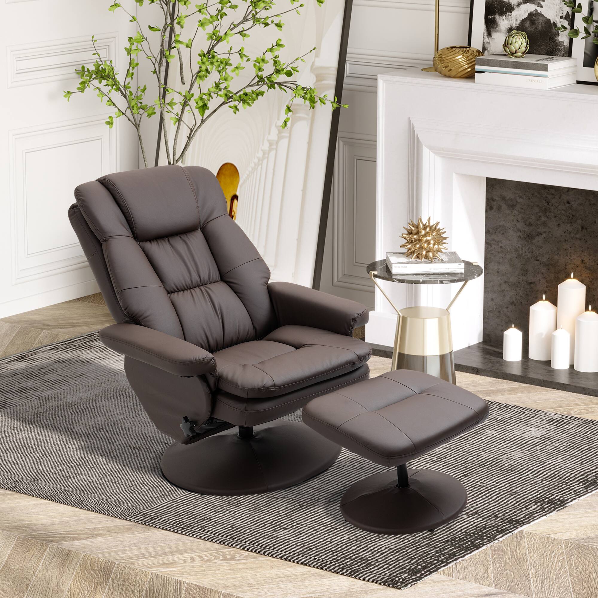 Alt View 1. Homcom - Swivel Recliner with Ottoman, PU Leather Reclining Chair with Ottoman, Upholstered Recliner and Footrest - Brown.