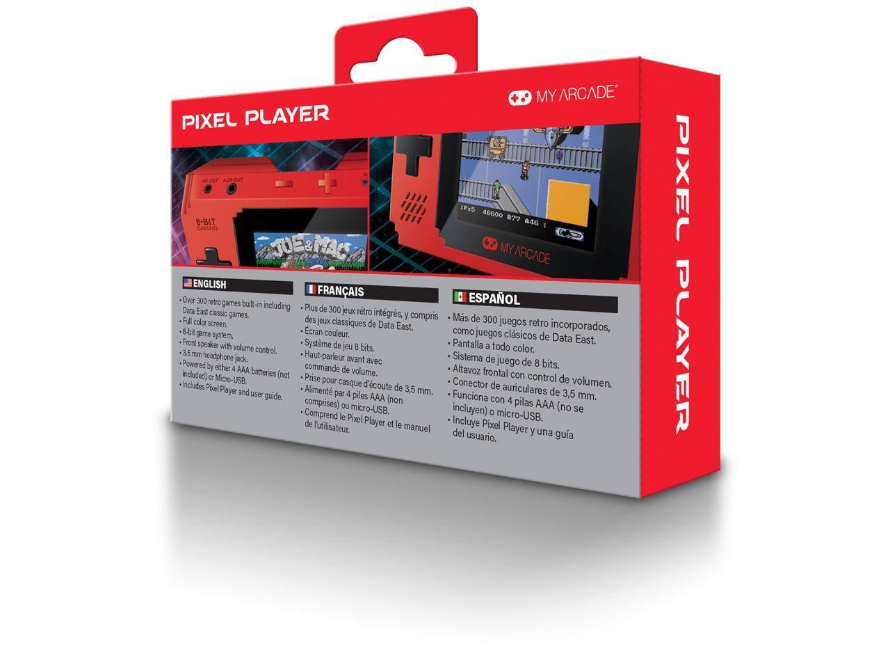 **MY ARCADE PIXEL PLAYER LP: AGGOO W77 8-BIT 64G**

**ENGLISH:**
- Over 300 retro games built-in including Data East classic games.
- Full-color screen.
- 8-bit game system.
- Front speaker with volume control.
- 3.5 mm headphone jack.
- Powered by 4 AAA batteries (not included) or Micro-USB.
- Includes Pixel Player and user guide.

**FRANÇAIS:**
- Plus de 300 jeux rétro intégrés, y compris des jeux classiques de Data East.
- Écran couleur.
- Système de jeu de 8 bits.
- Haut-parleur avant avec commande de volume.
- Prise pour casque d'écoute de 3,5 mm.
- Alimenté par 4 piles AAA (non comprises) ou micro-USB.
- Comprend le Pixel Player et le manuel de l'utilisateur.

**ESPAÑOL:**
- Más de 300 juegos retro incorporados, como juegos clásicos de Data East.
- Pantalla a todo color.
- Sistema de juego de 8 bits.
- Altavoz frontal con control de volum