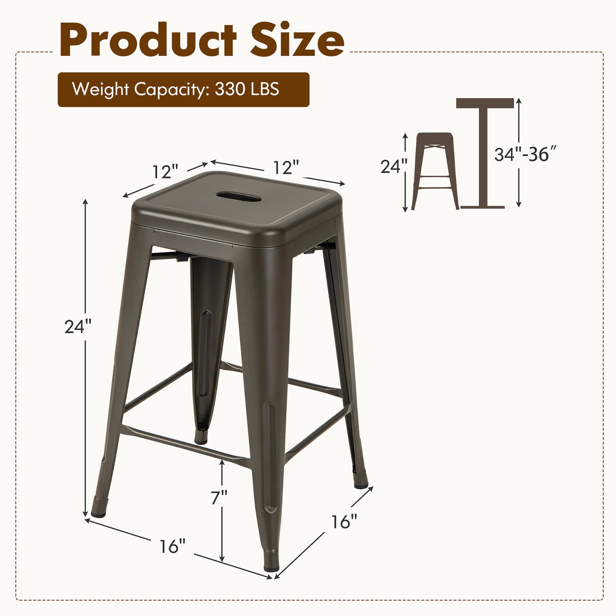 Product Size
Weight Capacity: 330 LBS
12" 12"
24" 24"
16" 16"
7"
1 TA 34"-36"
