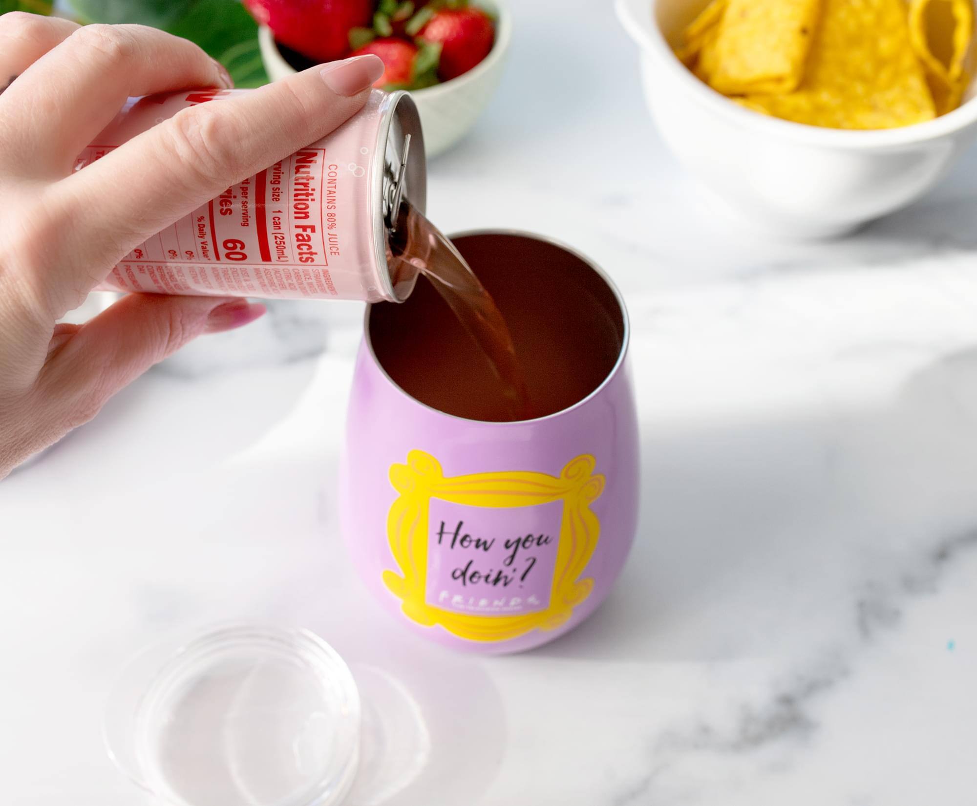 Sure, here is the corrected and grouped text from the image:

**Nutrition Facts**
- Serving Size: 1 can (250mL)
- Servings per container: 60
- Calories: 90
- Total Fat: 0g
- Sodium: 10mg
- Total Carbohydrate: 23g
- Sugars: 23g
- Vitamin C: 80% (330mg)

**How you doin'?**
- FRIENDLY