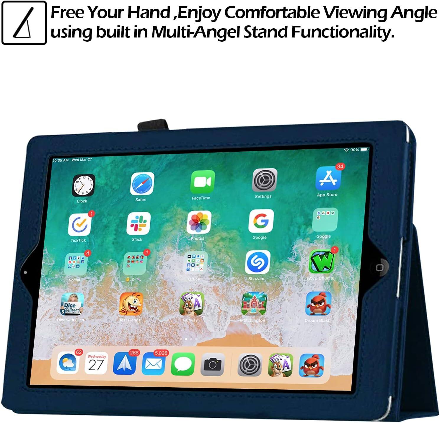 Free Your Hand, Enjoy Comfortable Viewing Angle using built in Multi-Angle Stand Functionality.

90%
10:35 AM Wed Mar 27
34

" to 2 . 3 a 4 . Clock 1 TickTick 4 - in Social
Safari Slack 1
FaceTime Photos Office
Settings G Google G Shazam
App Store Google 1 W Word Chumal
Dice Bellen Dico with Slien
Bon Fiends
A Fairway
Matchington
Dream Blast
62 Wednesday 27
266
5,028