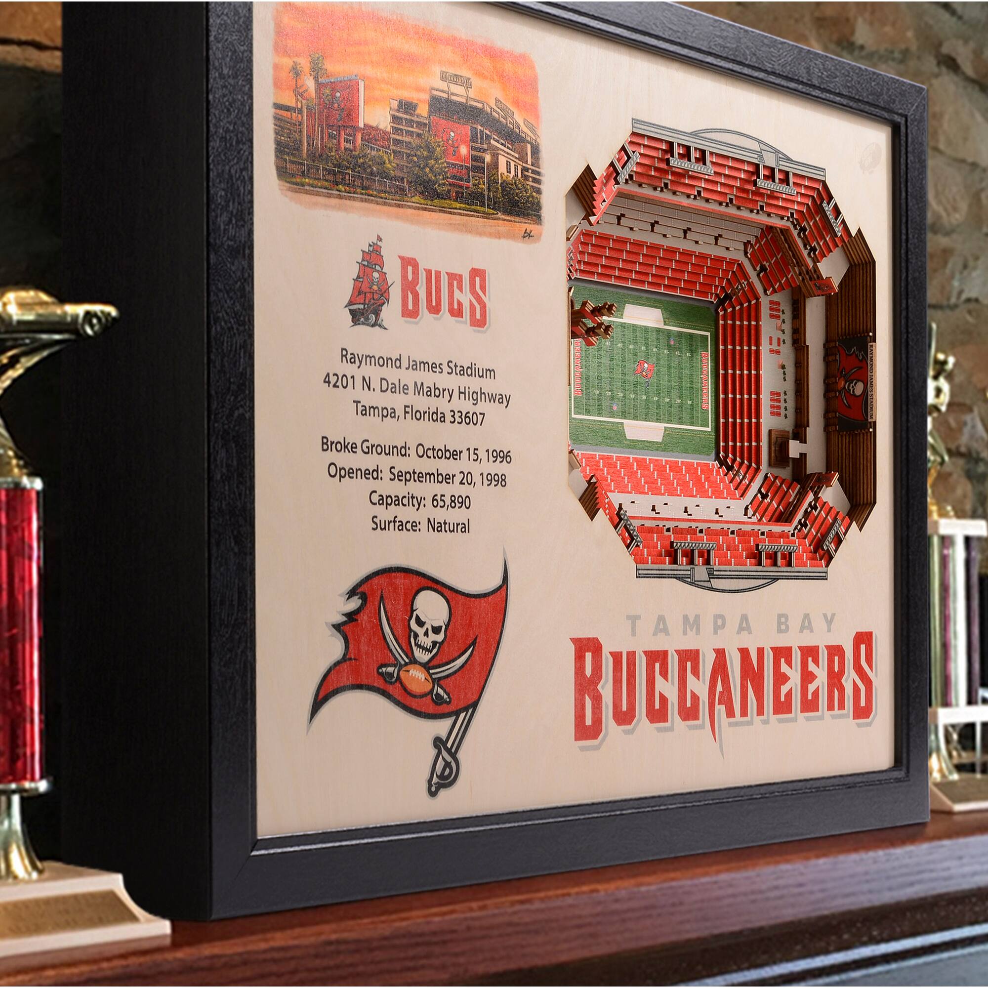 BUCS  
Raymond James Stadium  
4201 N. Dale Mabry Highway  
Tampa, Florida 33607  

Broke Ground: October 15, 1996  
Opened: September 20, 1998  
Capacity: 65,890  
Surface: Natural  

TAMPA BAY BUCCANEERS