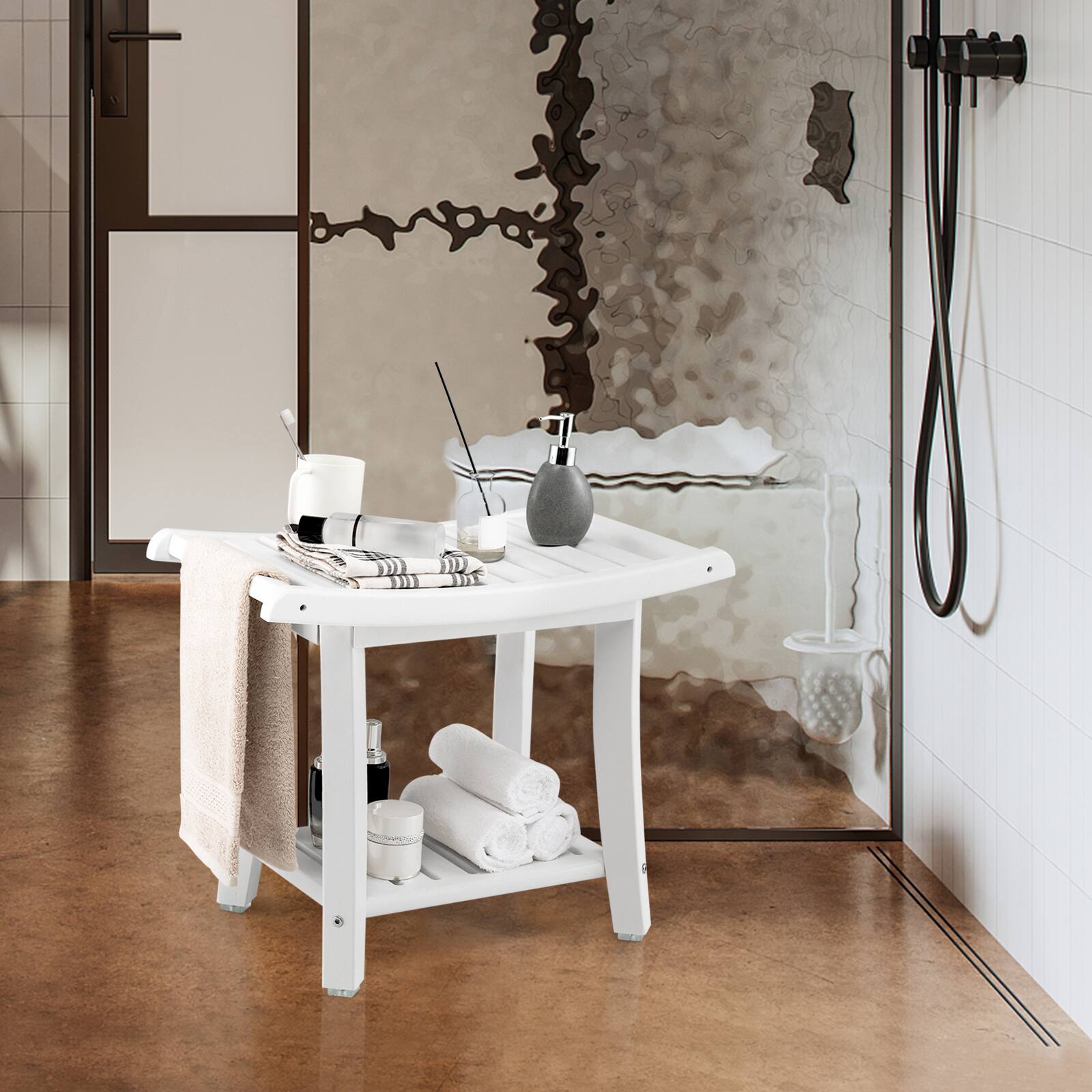 Alt View 2. SlickBlue - Heavy Duty Waterproof Bath Stool with Curved Seat and Lower Storage Shelf - White.