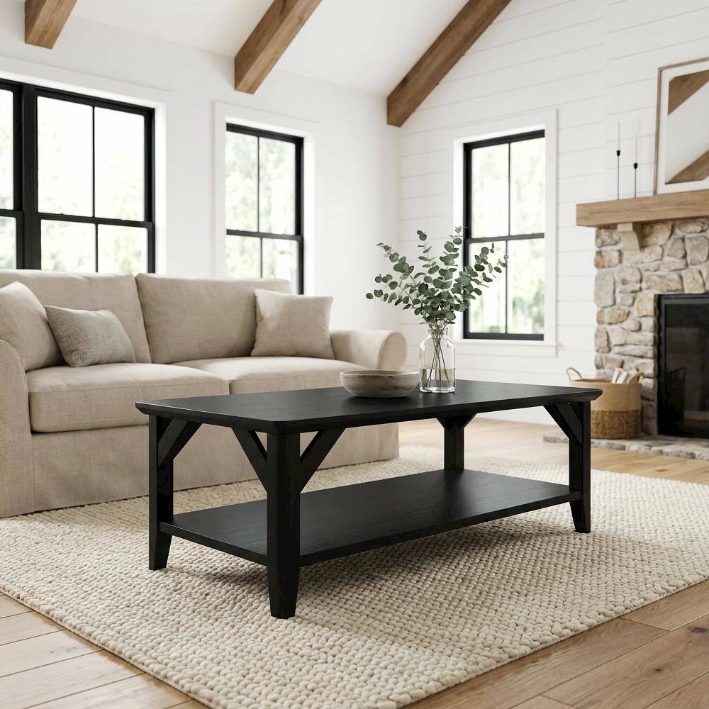 Left. FurniFact - Black Coffee Table with Shelf and Sturdy Wood Construction for Living Room Use - Black.