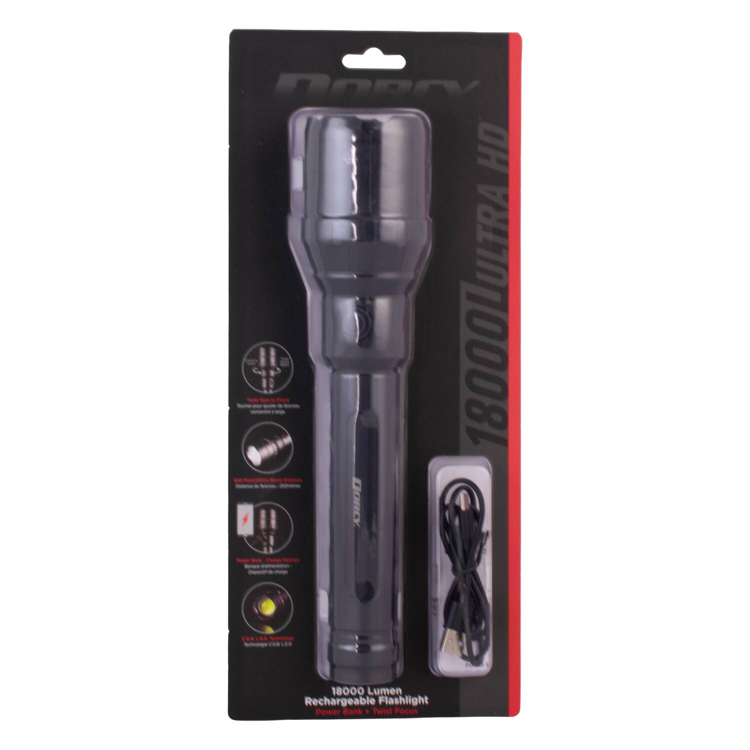 18000 Lumen Rechargeable Flashlight Power Bank  
Twist Focus  
18000 Lumen Ultra HD