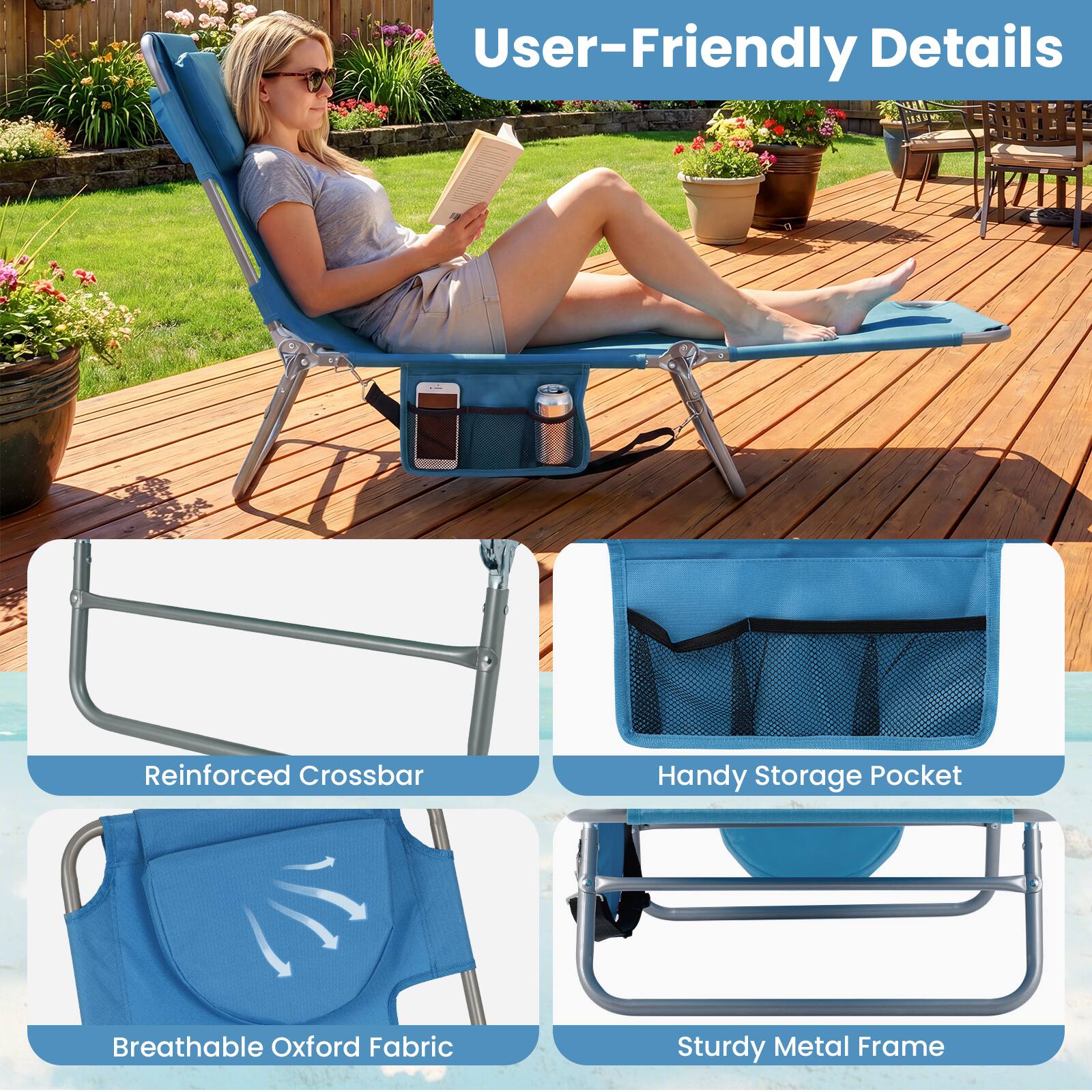 User-Friendly Details

- Reinforced Crossbar
- Handy Storage Pocket
- Breathable Oxford Fabric
- Sturdy Metal Frame