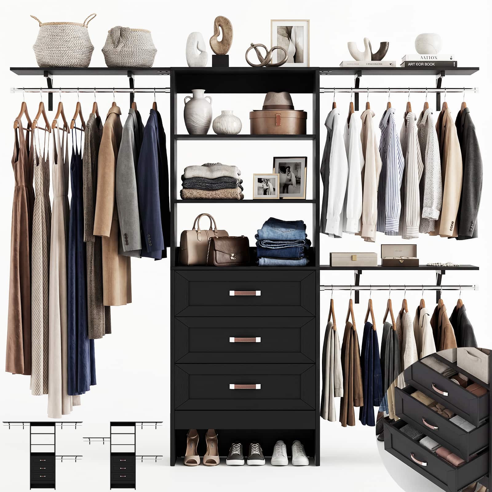 "Aheaplus - 96"" Wooden Closet System: 3 Curved Drawers + 3 Hanging Rods and Shelves. Adjustable Walk-in Organizer - Black" price history on PriceWatchPro