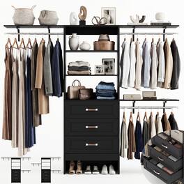 Aheaplus - 96" Wooden Closet System: 3 Curved Drawers + 3 Hanging Rods and Shelves. Adjustable Walk-in Organizer - Black