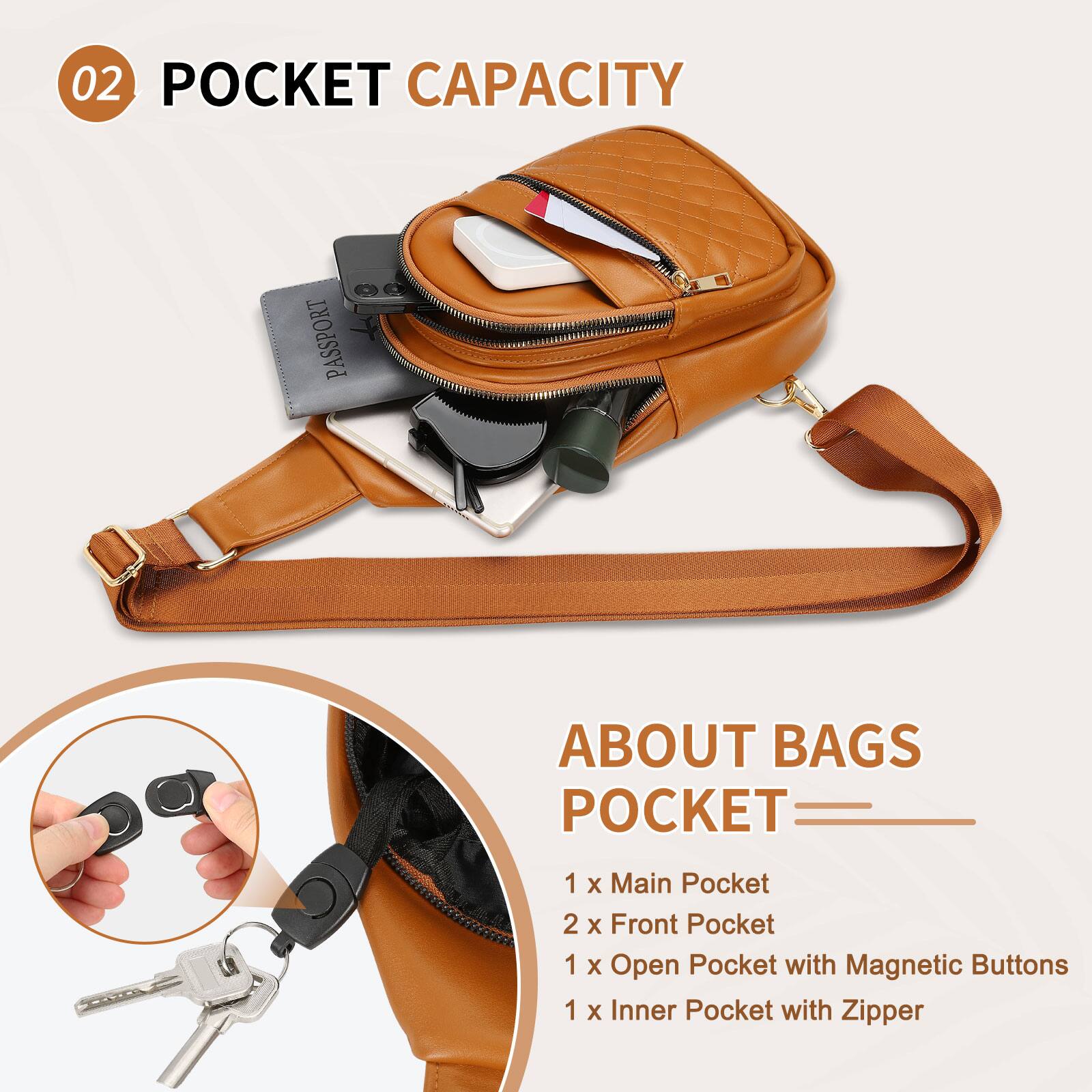 02 POCKET CAPACITY

ABOUT BAGS POCKET

1 x Main Pocket  
2 x Front Pocket  
1 x Open Pocket with Magnetic Buttons  
1 x Inner Pocket with Zipper