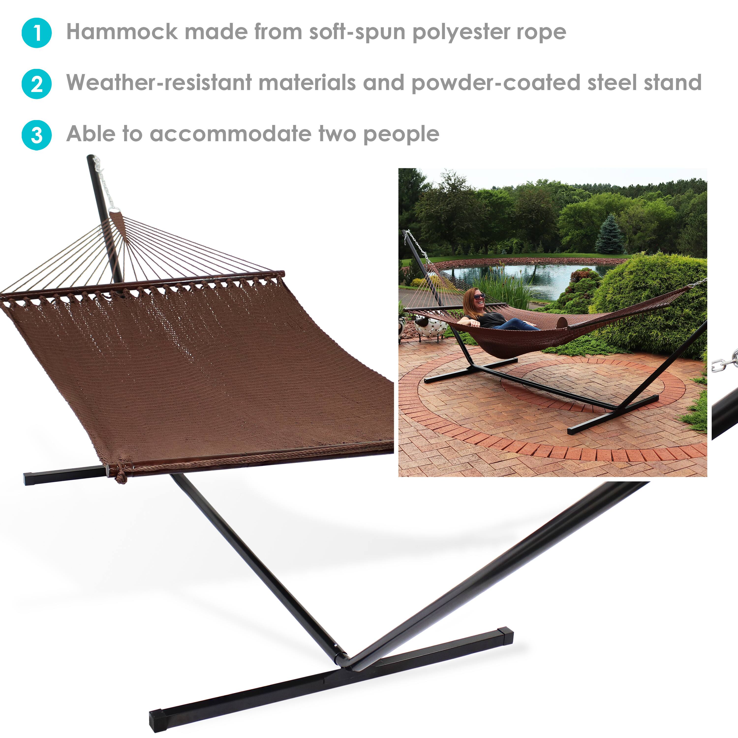 1. Hammock made from soft-spun polyester rope
2. Weather-resistant materials and powder-coated steel stand
3. Able to accommodate two people