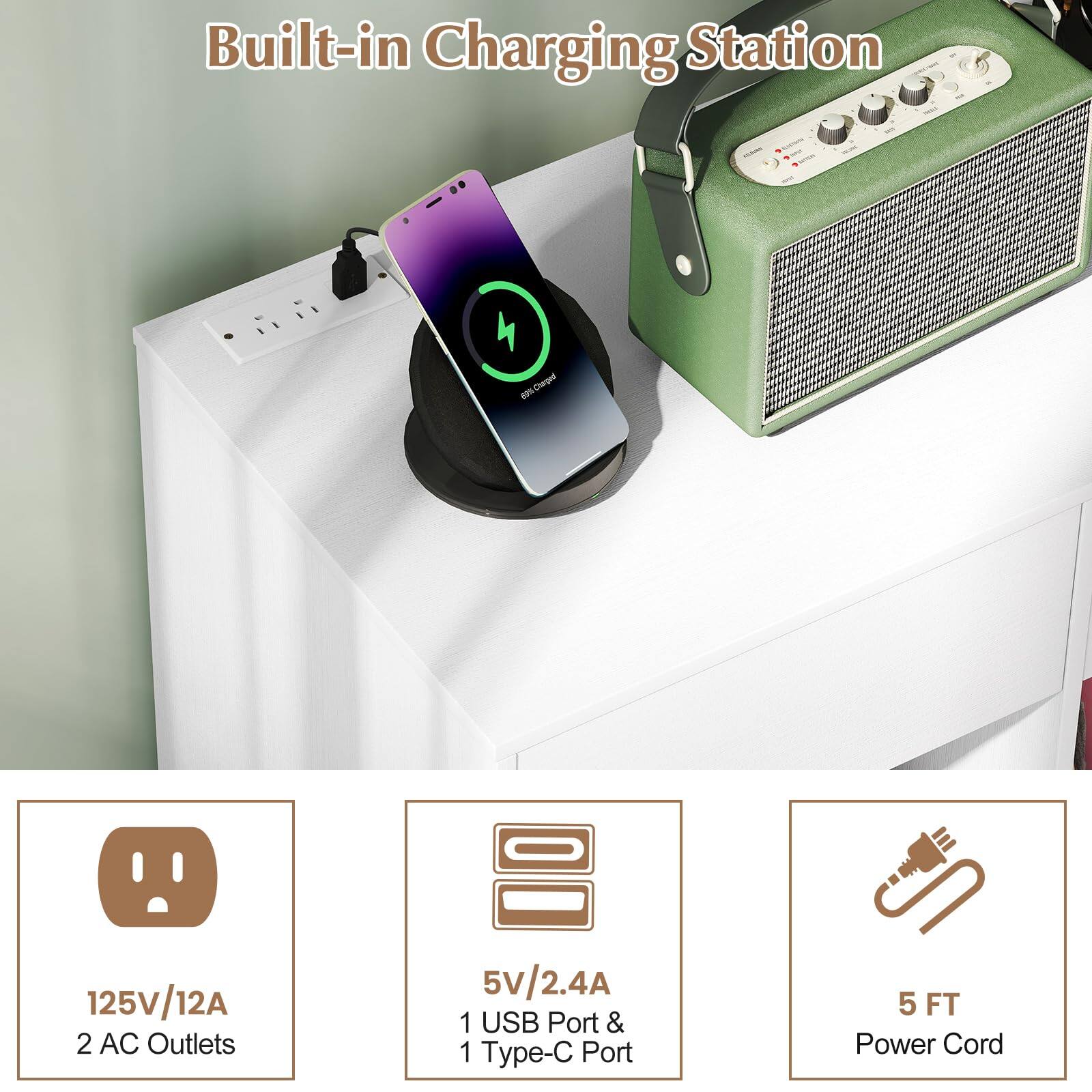 Built-in Charging Station  
125V/12A  
2 AC Outlets  
5V/2.4A  
1 USB Port & 1 Type-C Port  
5 FT Power Cord