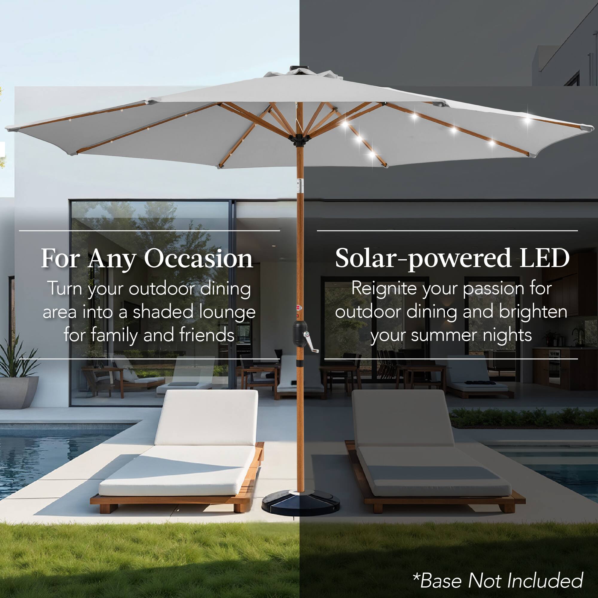 For Any Occasion: Turn your outdoor dining area into a shaded lounge for family and friends. Solar-powered LED: Reignite your passion for outdoor dining and brighten your summer nights. *Base Not Included.