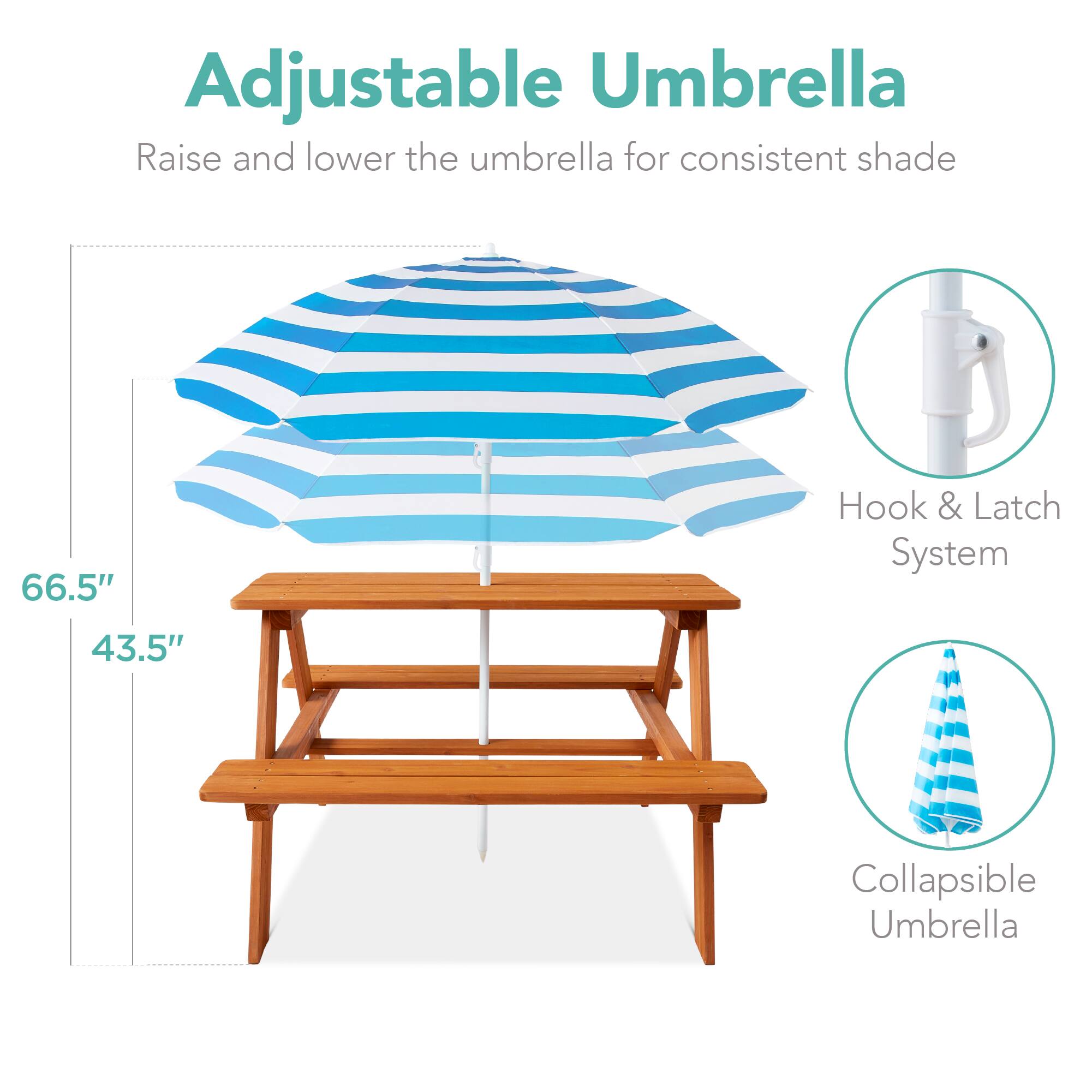 Adjustable Umbrella

Raise and lower the umbrella for consistent shade

66.5"  
43.5"

Hook & Latch System

Collapsible Umbrella
