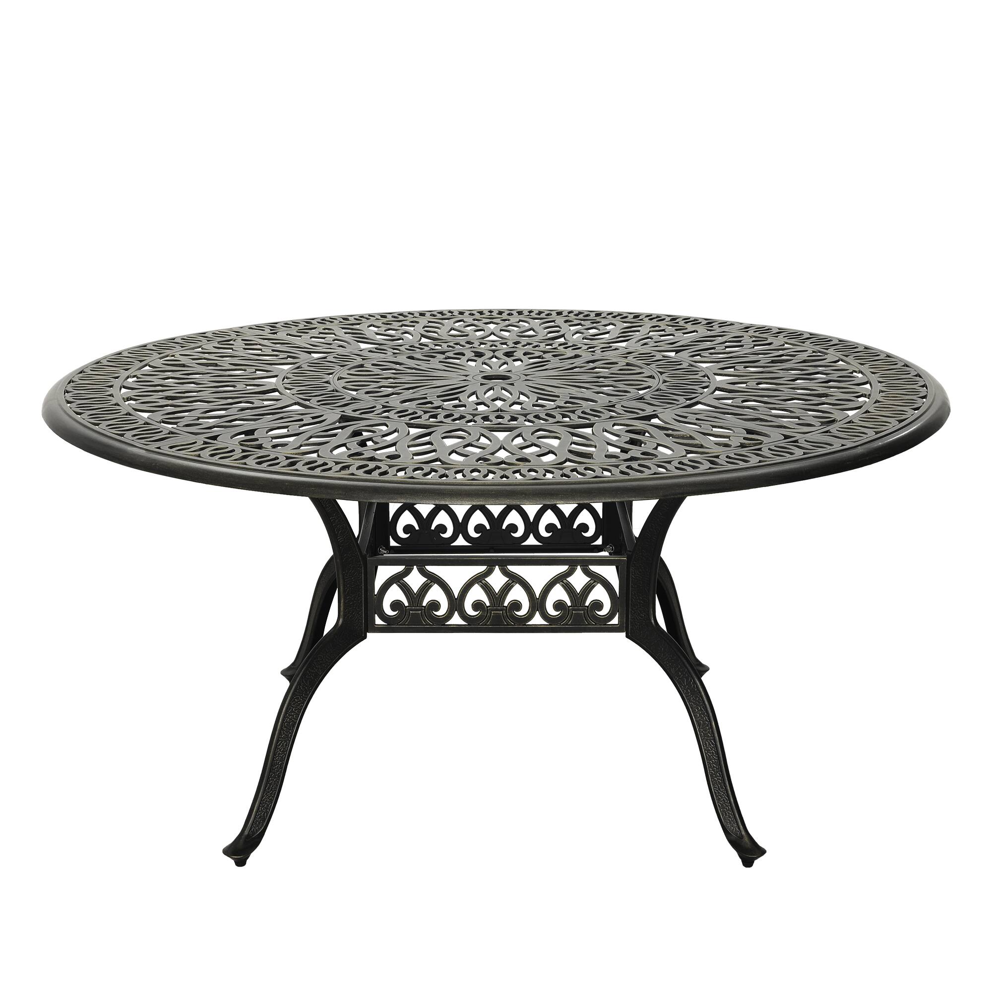 Back. Mondawe - 7-Piece Cast Aluminum Dining Set with Round Table and 6 Chairs - Bronze.