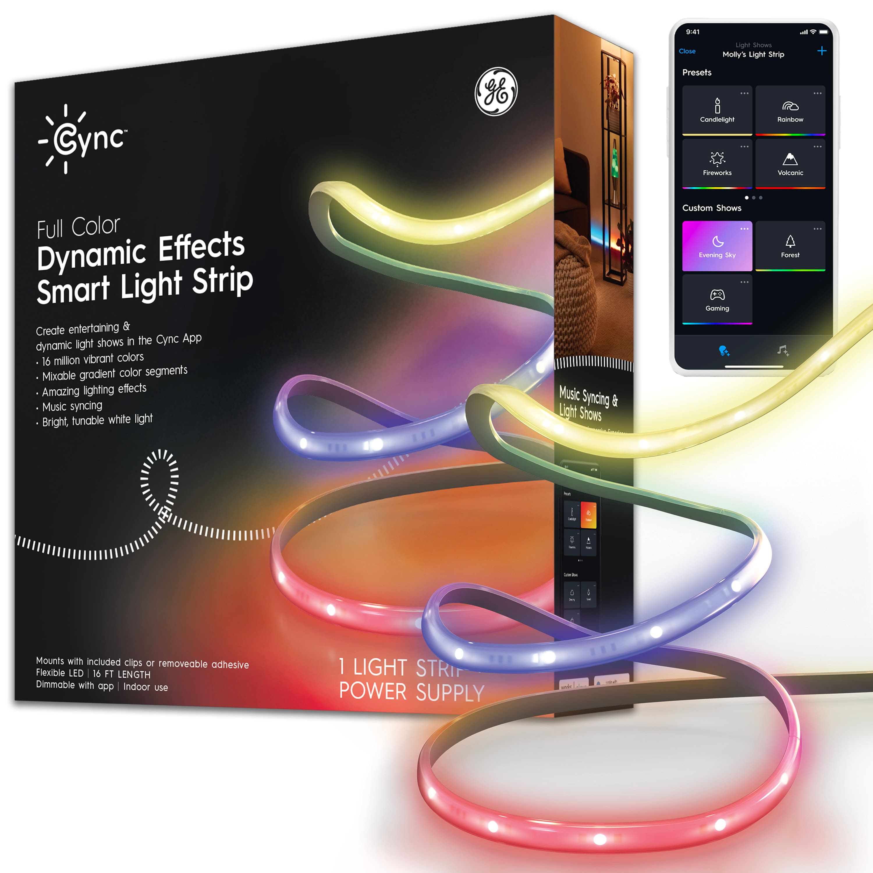 The text on the image is about a product called "Cync Full Color Dynamic Effects Smart Light Strip." It features 16 million vibrant colors and dynamic light effects, and it can be controlled through the Cync app. The light strip is designed to create entertaining and customizable shows, and it can be used for music syncing and light shows. The product also comes with a power supply and mounts with included clips or removable adhesive. The light strip is flexible and can be dimmed, making it suitable for indoor use.