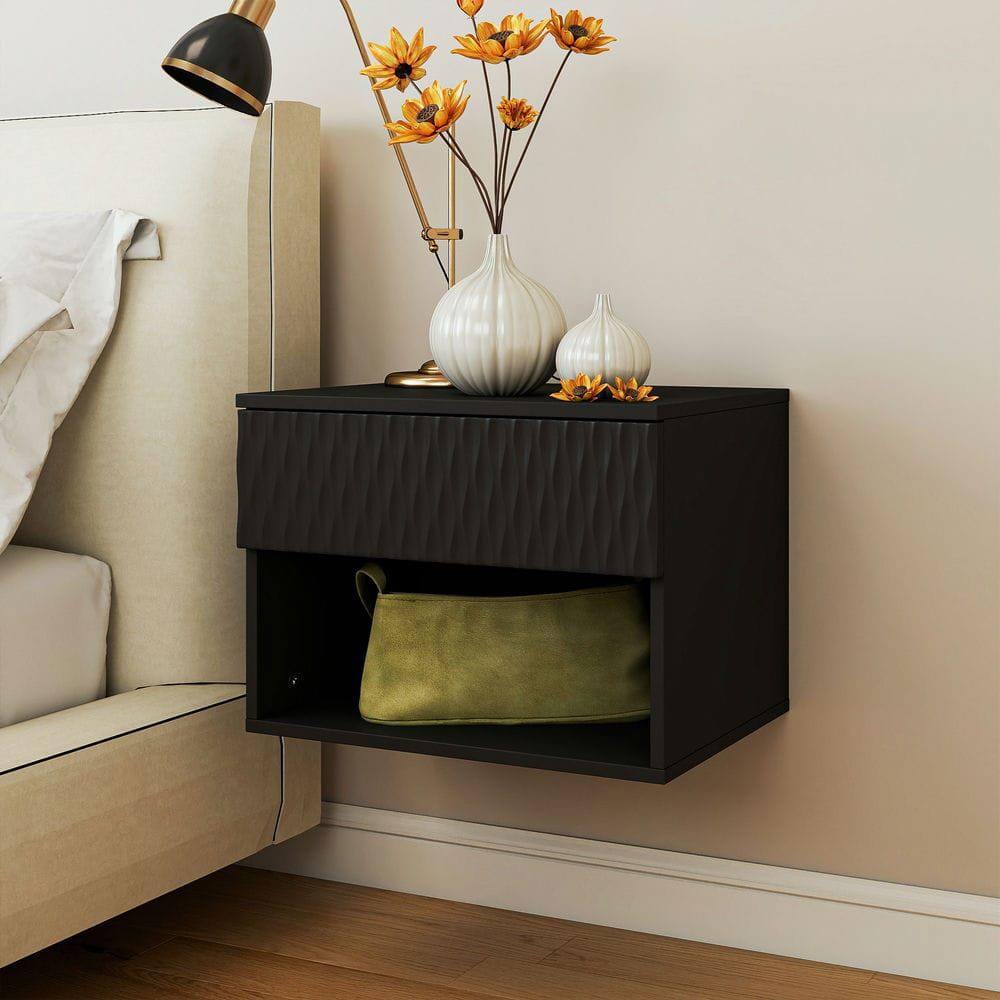 Alt View 10. Kadyn - Wavy-Textured Double-Mounted Wall-Mounted Floating Nightstand with Drawer for Bedroom - Black - Black.