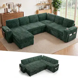 Dyonery - 110" Corduroy Sectional Sleeper Sofa with Pull Out Bed, 7-Seat Couch with Storage/USB Ports/Cup Holders/Side Table - Green