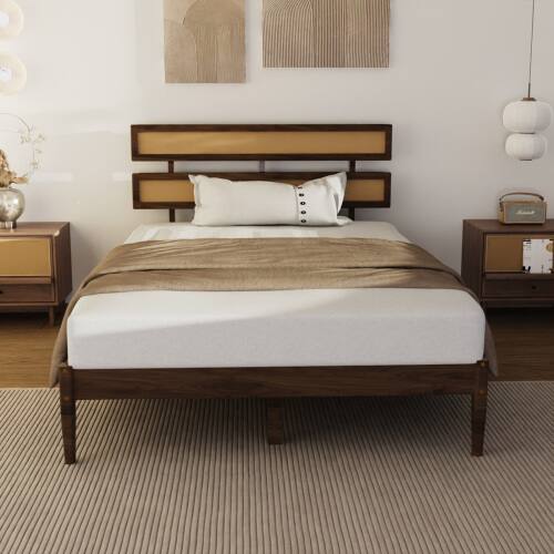 Alt View 8. Winado - Rattan Bed Frame with Headboard Boho Wooden Platform Panel Bed with Underbed Storage for Bedroom No Box Spring Needed - Brown.