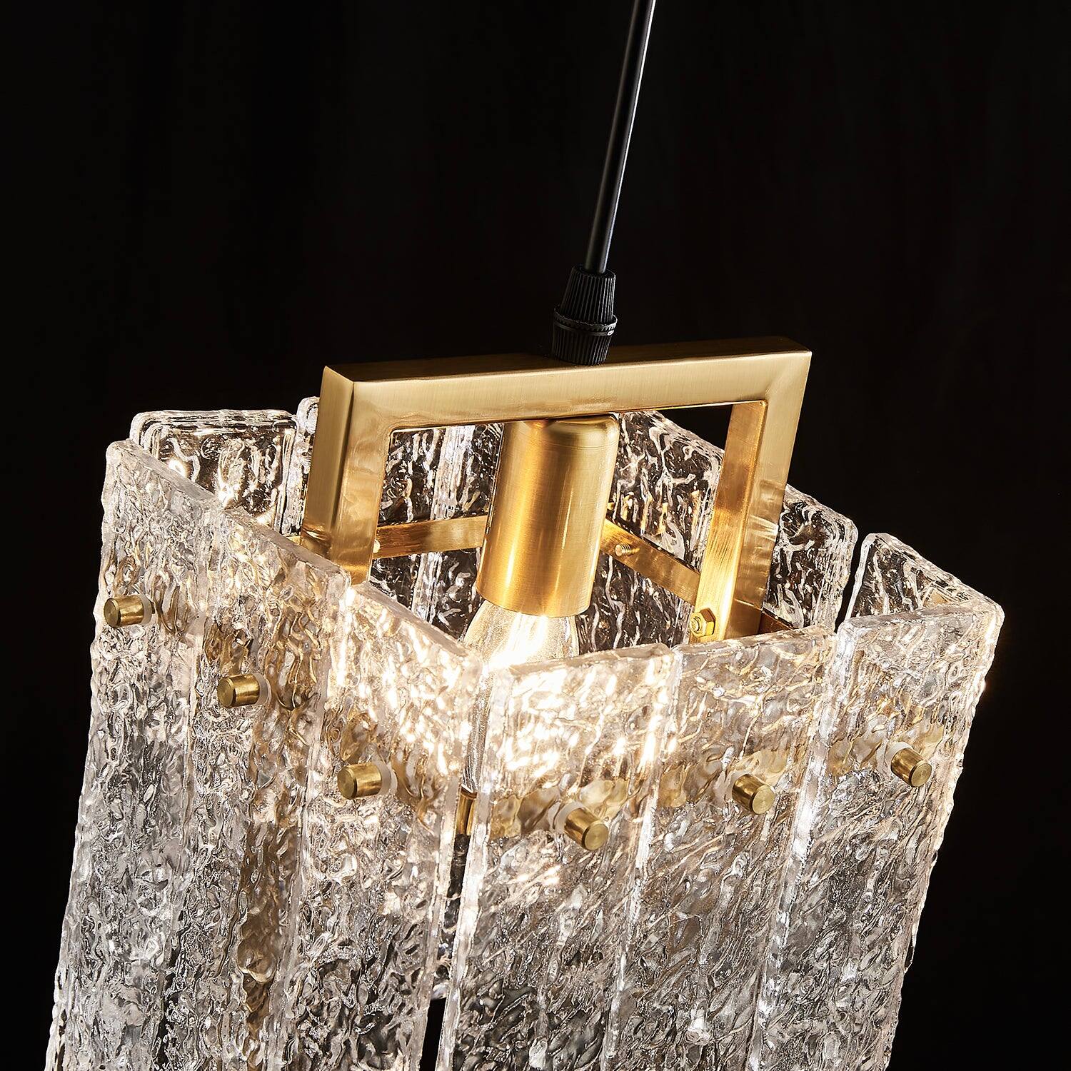 Alt View 2. Siljoy - Square Frame Cracked Glass Lampshade Pendant Light - Gold.