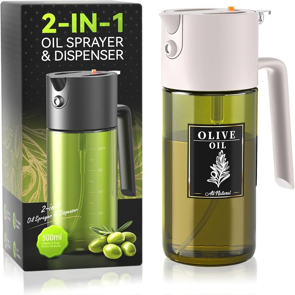 2-IN-1 OIL SPRAYER & DISPENSER  
500ML OLIVE OIL  
2-in-1 Dispenser & Sprayer  
500ml  
Olive Oil Bottle  
All Natural