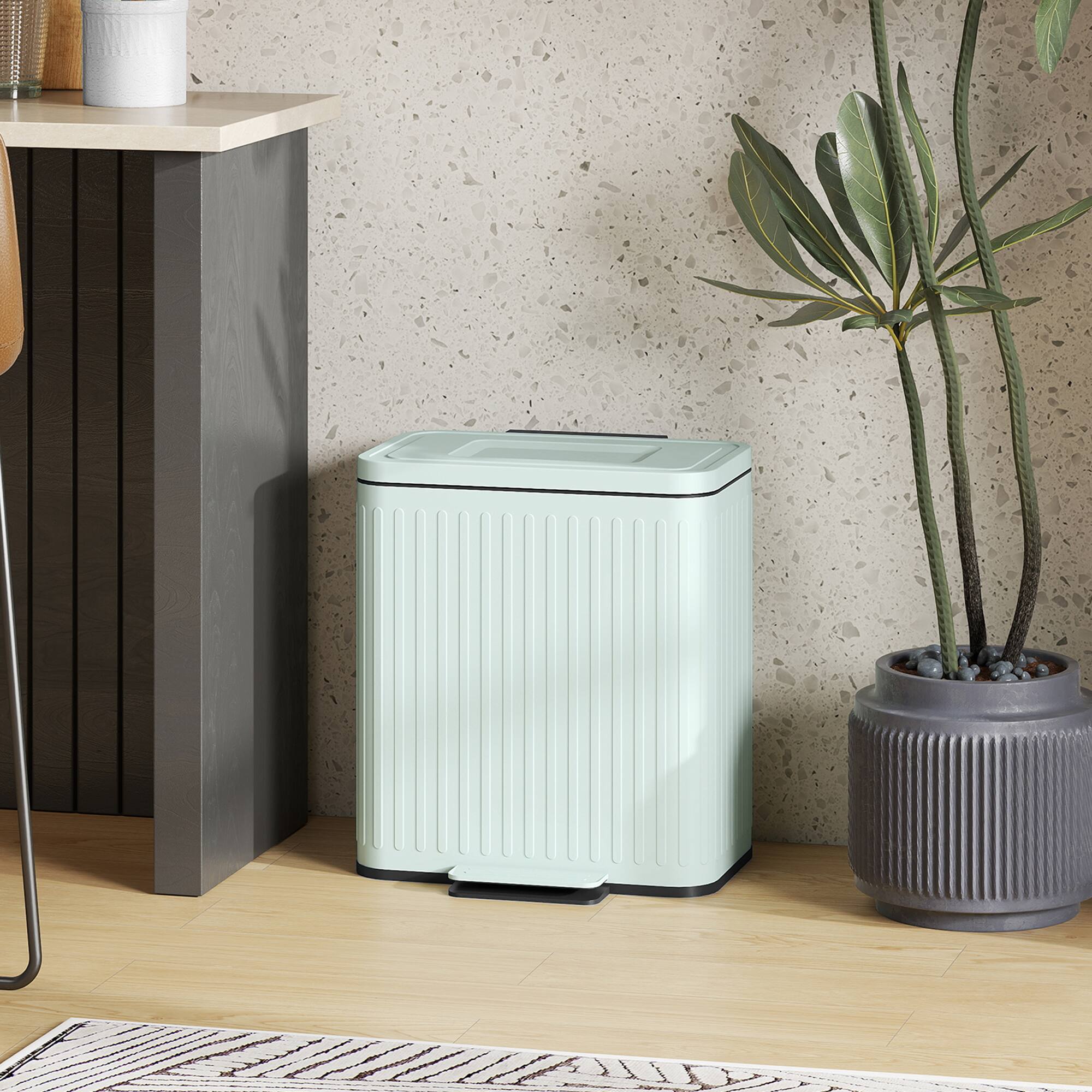 Alt View 1. Homcom - Trash Can with Lid, 2 x 5.3Gal Double Step-On Kitchen Trash Can with Rubbish Bags, Removable Buckets - Light Green.