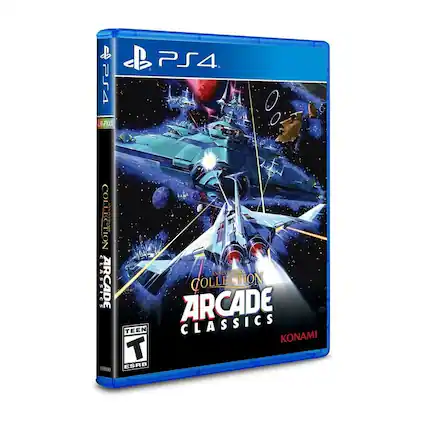 Sure, here is the corrected and grouped text from the image:
**Front Cover:**
- PS4
- COLLECTION ANNIVERSARY
- ARCADE CLASSICS
- KONAMI
- TEEN T ESRB
**Spine:**
- PS4
- COLLECTION
- ARCADE
- LR-P000X
**Bottom Left (Front Cover):**
- TEEN T ESRB
**Bottom Right (Front Cover):**
- KONAMI - E10+ (Everyone 10+)