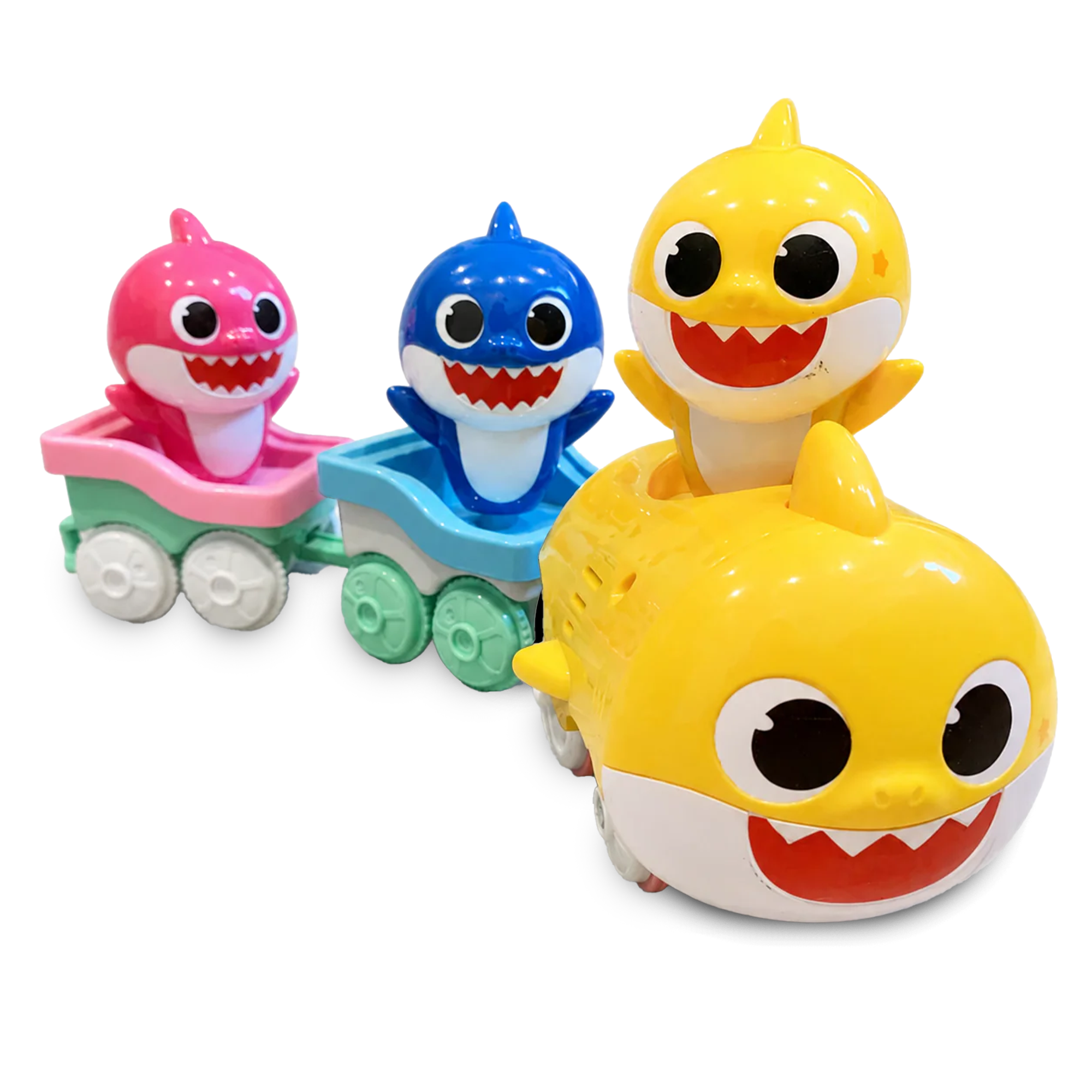 Left. JitteryGit - Pinkfong Baby Shark Train Track Expansion Set – Flexible Snap-Together Track Pieces for Baby Shark Musical Train.
