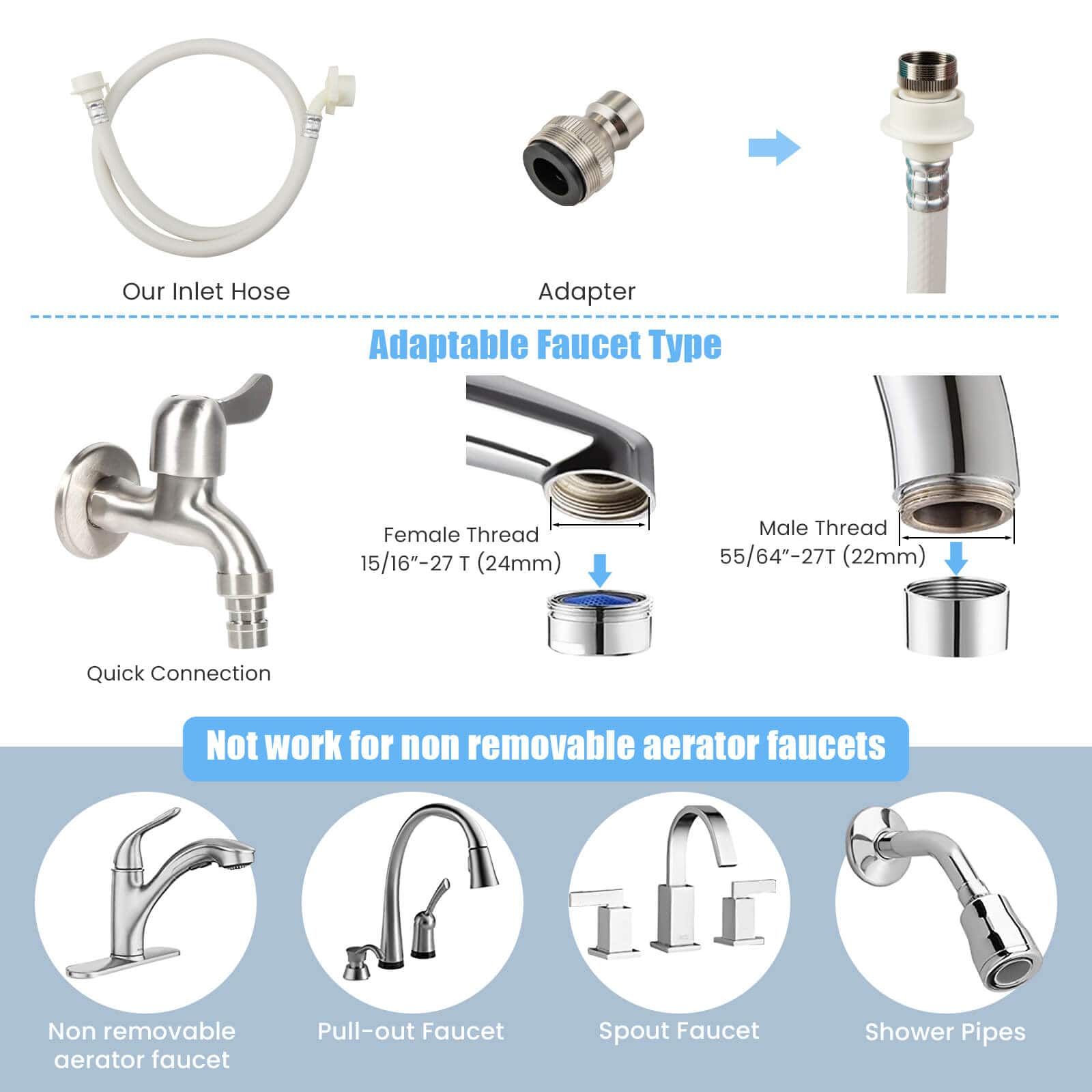 Our Inlet Hose Adapter is an adaptable faucet with a female thread of 15/16"-27 T (24mm) and a male thread of 55/64"-27T (22mm). It features a quick connection and is not suitable for non-removable aerator faucets. The faucet is available in a pull-out spout design. Additionally, it can be used with shower pipes.