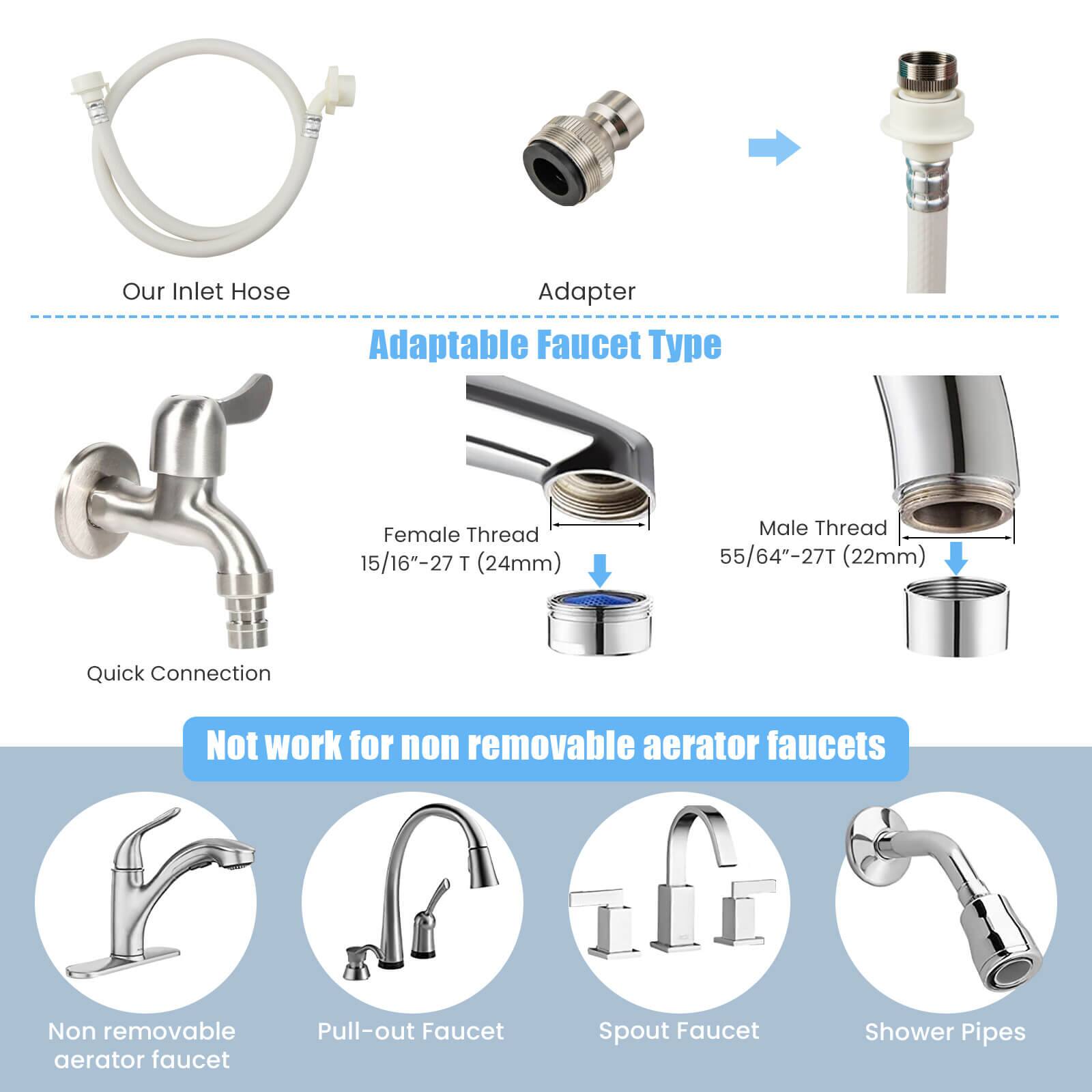 Our Inlet Hose Adapter is an adaptable faucet with a female thread of 15/16"-27 T (24mm) and a male thread of 55/64"-27T (22mm). It features a quick connection and is not suitable for non-removable aerator faucets. The faucet is available in a pull-out spout design. Additionally, it can be used with shower pipes.