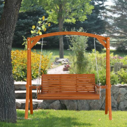 Alt View 9. Winado - 5FT Patio Wooden Porch Swing Chair Bench Only, with Hanging Chains, Cup Holders, Phone Slots for In/Outdoor Garden Yard - Brown.