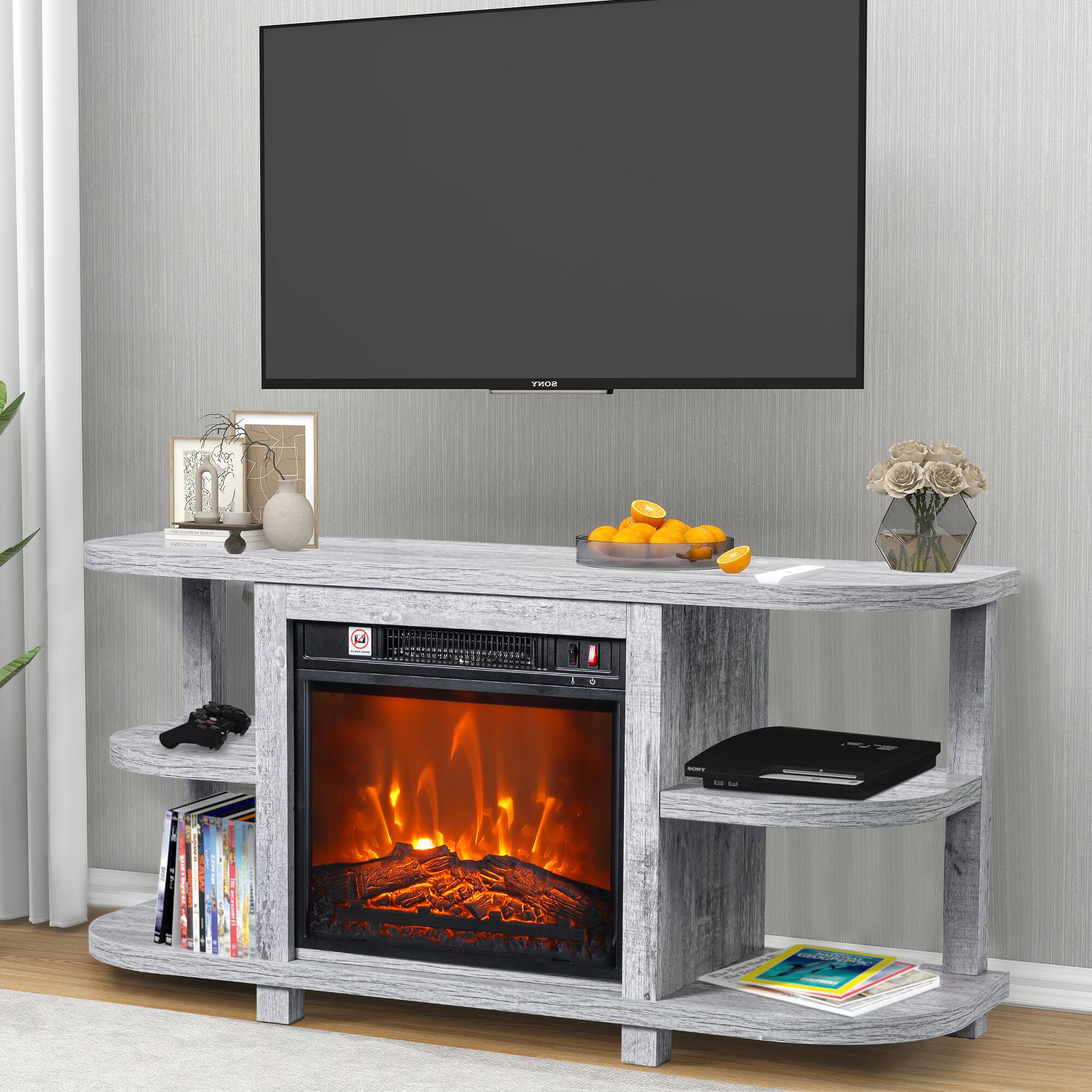 Back. Ihomeadore - 48" TV Stand with 18" Insert Electric Fireplace and Open Storage Shelves Media Console for TVs up to 55" - Gray.