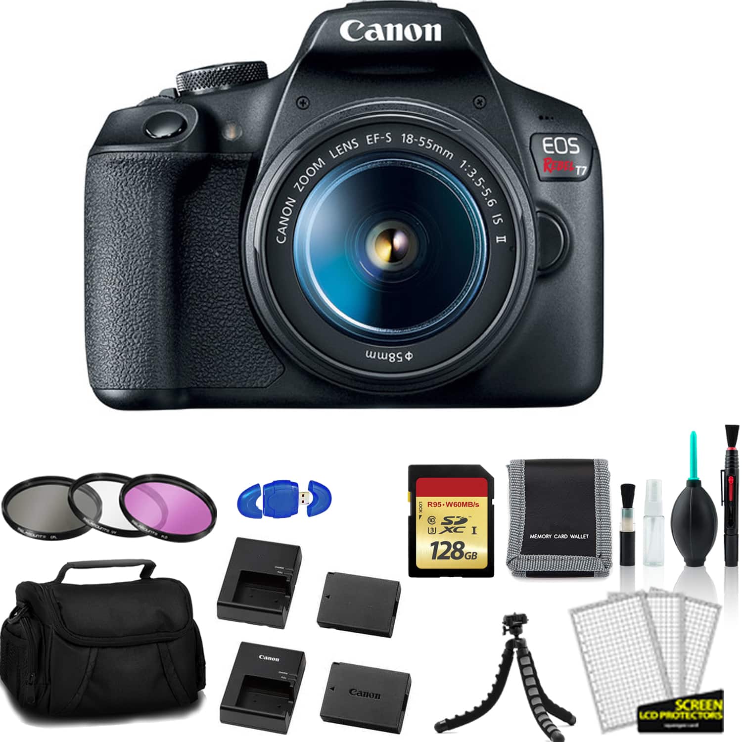 Canon - EOS Rebel T7 EF-S 18-55mm IS II Kit with 128GB Memory Card + Extra Battery and Charger + More - International Mode