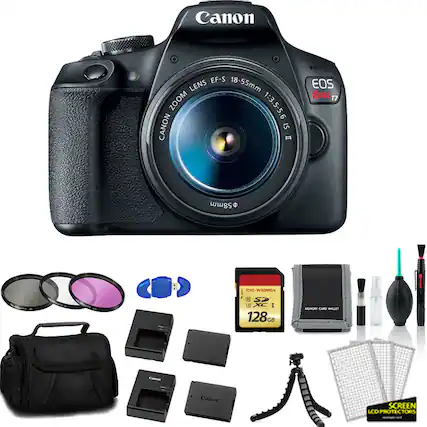 Canon EF-S 18-55mm Lens Zoom 1:3.5-5.6 IS II EOS Rebel T7 58mm HUS 9S-WEOMBU
Canon Screen LCD Protector
Canon Memory Card Wallet
Canon 128 GB SD Card
Canon Lens Hood
Canon Lens Cap
Canon Cleaning Kit
Canon Camera Bag
Canon Tripod